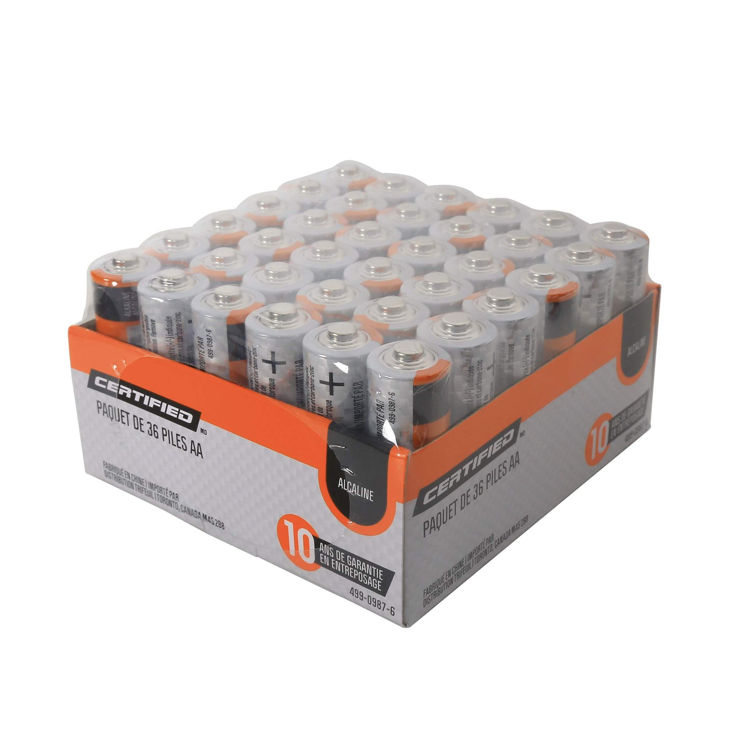 Piles alcalines AA certifiées, tout usage, longue durée de conservation, paq. 36 Front_Angled_Left