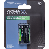 NOMA Advanced 2400 mAh USB C-Type Rechargeable Li-Ion Batteries, 2-pk