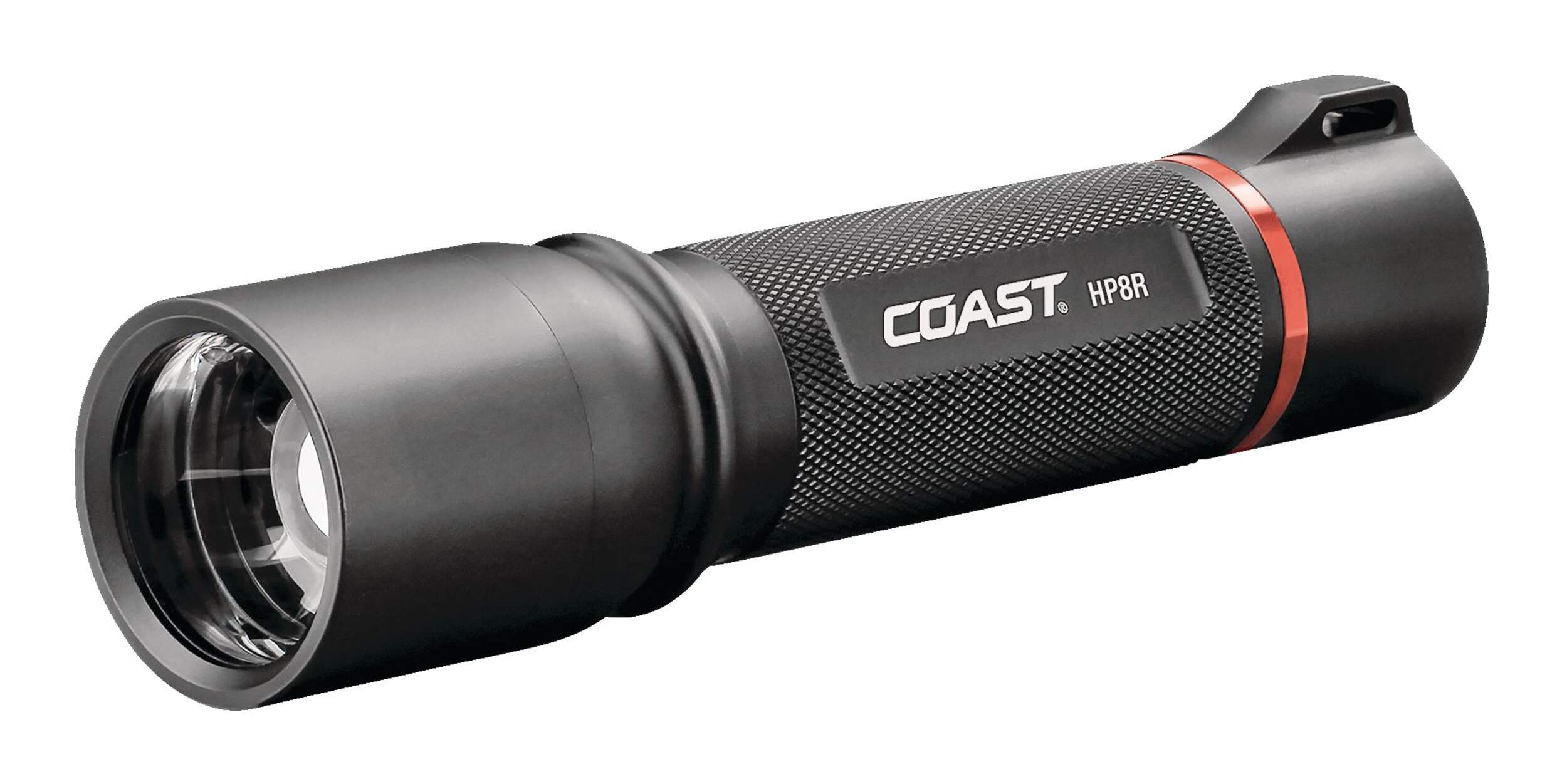 Coast HP8R 760 Lumens Impact and Water Resistant LED Handheld Flashlight, Batteries Included, Black Front_Three_Fourths_Angled_Left