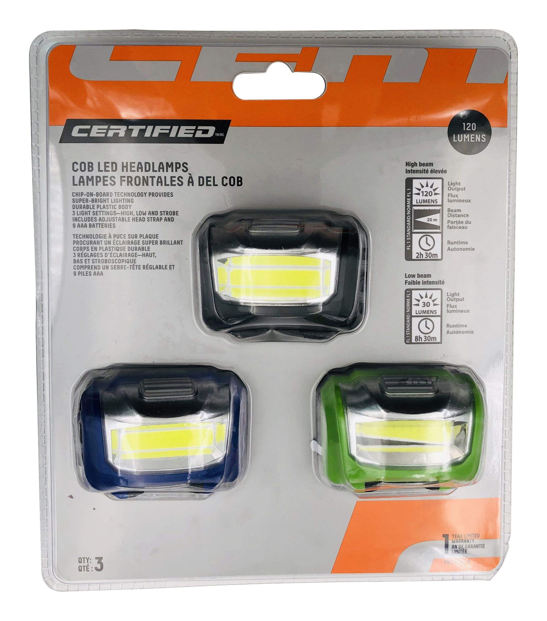 Certified 120 Lumens Adjustable COB LED Headlight/Headlamp, Batteries Included, 3-pk Front_Flat