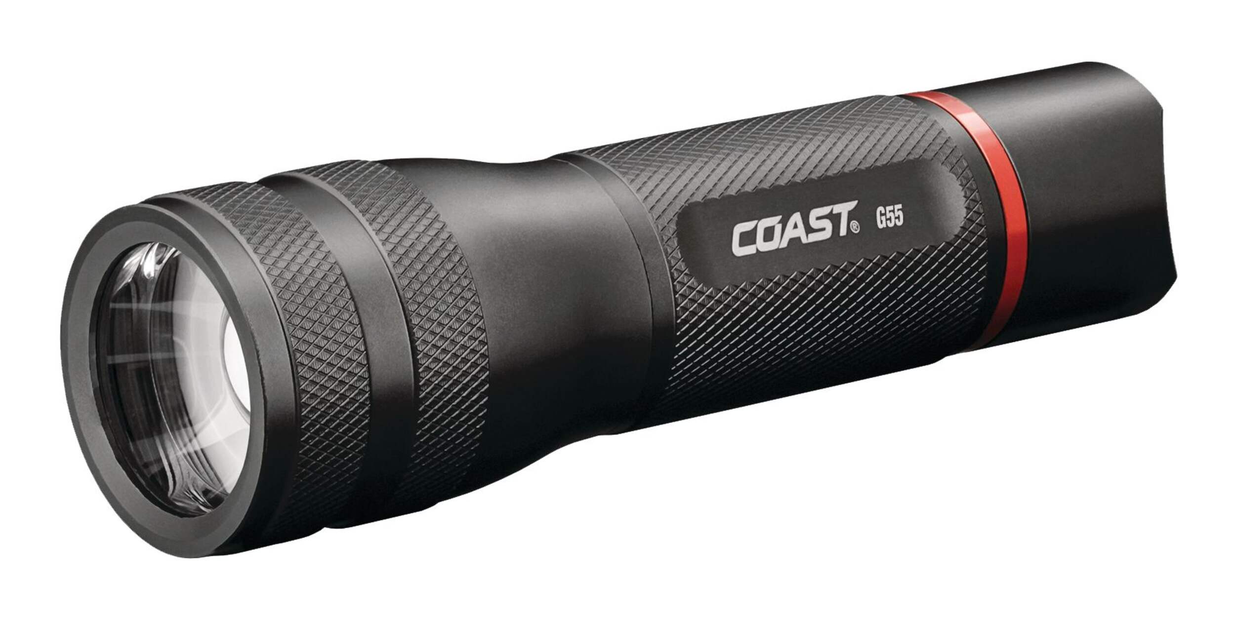 Coast G55 750 Lumens Water Resistance Aluminum Twist Focus Handheld Flashlight, Batteries Included, Black Front_Three_Fourths_Angled_Left