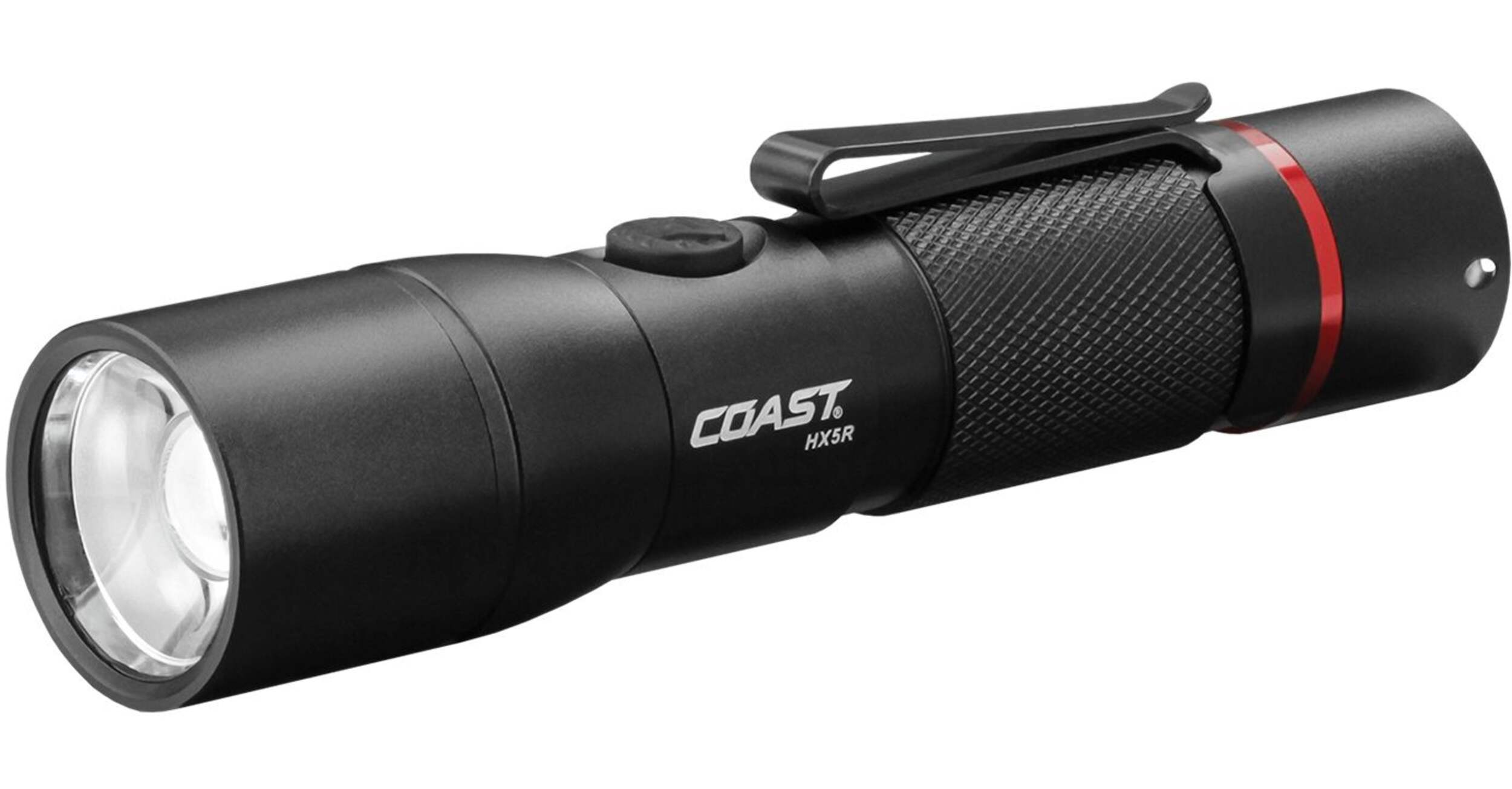Coast HX5R USB Rechargeable Handheld Flashlight, Li-Ion Battery Included, Black Front_Three_Fourths_Angled_Left