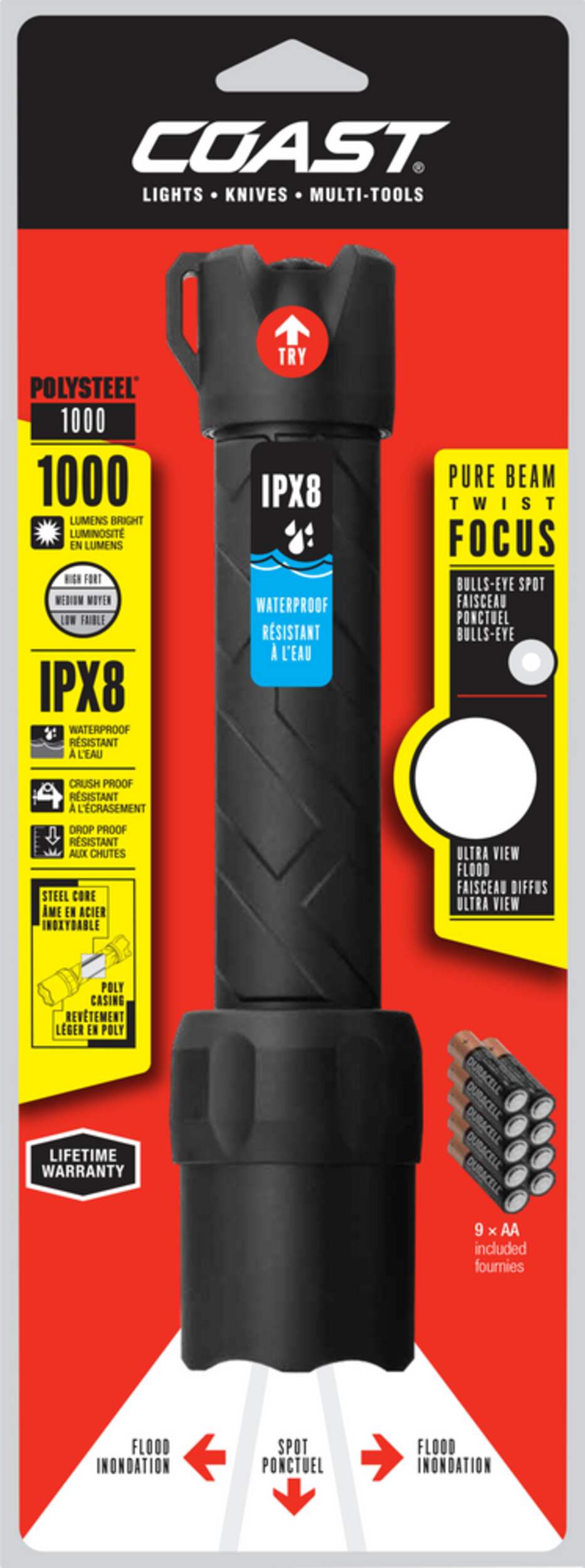 Coast 1000 Lumens Polysteel Twist Focus Handheld Flashlight, Batteries