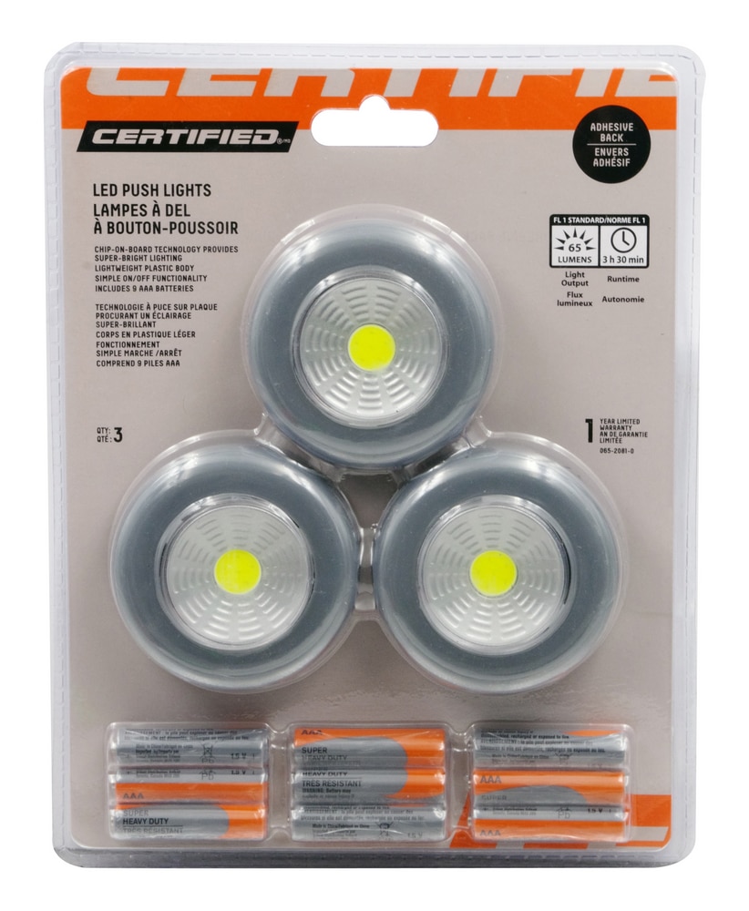 Certfied 65 Lumens Cordless LED Push On/Off Lights, Batteries Included