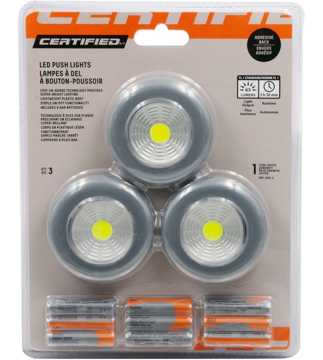 Certfied 65 Lumens Cordless LED Push On/Off Lights, Batteries Included