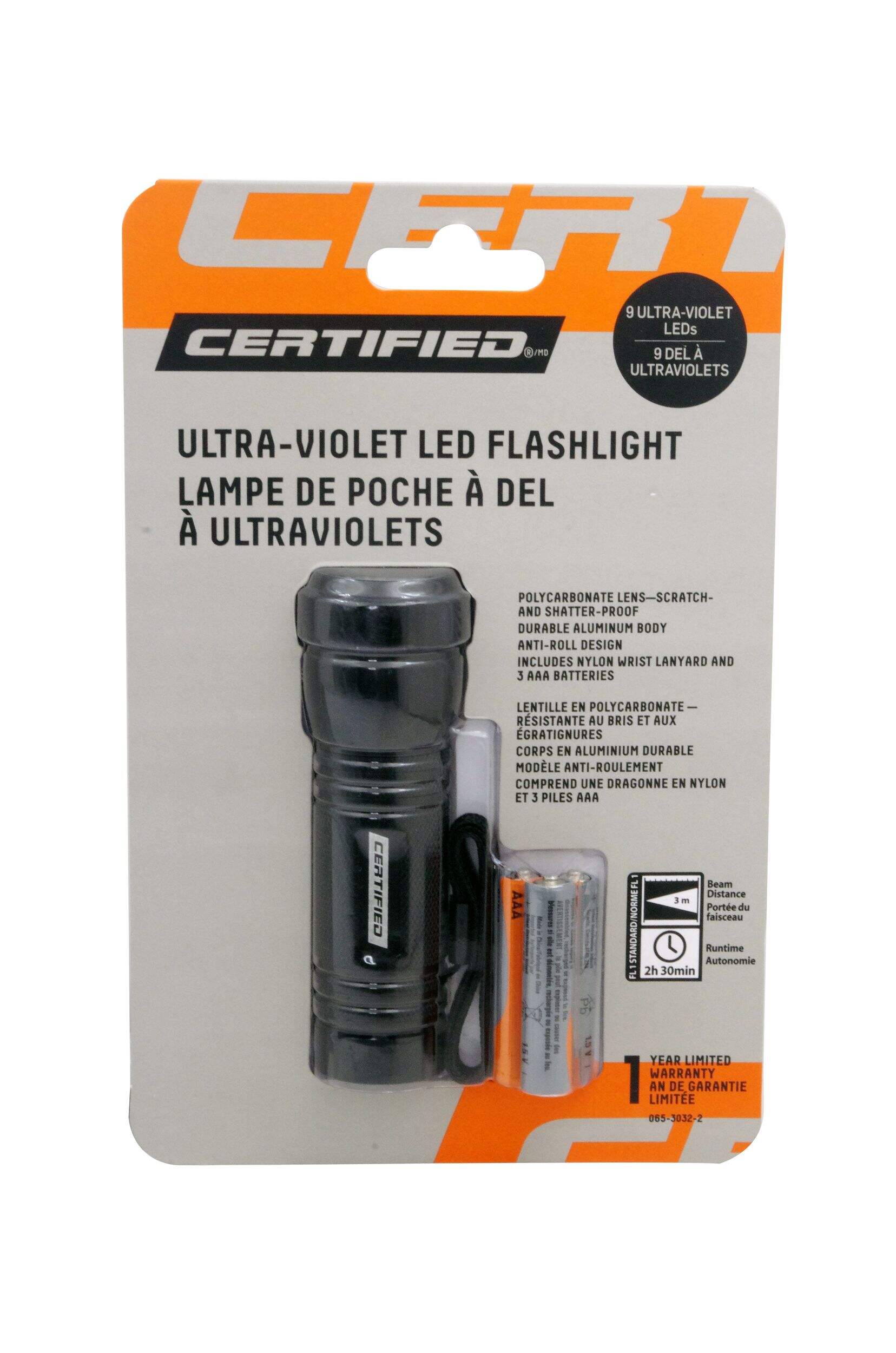 Certified 9V UltraViolet UV LED Blacklight/Handheld Flashlight, Batteries Included, Black