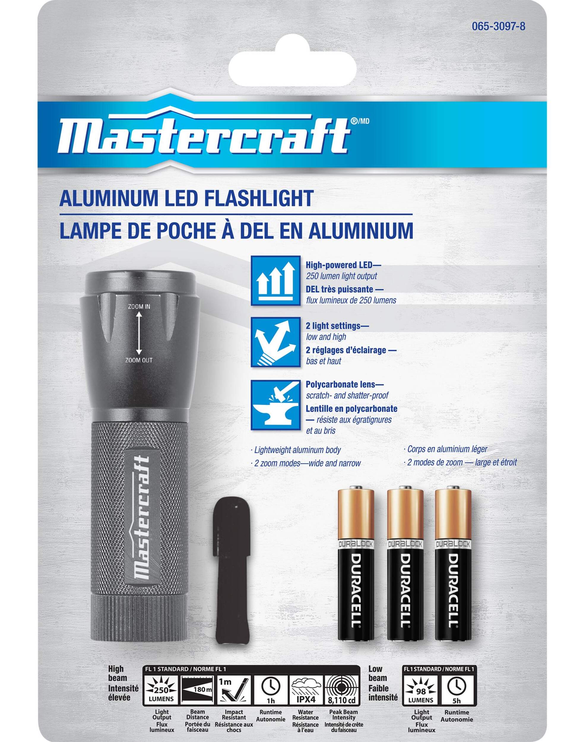 Lampe de poche à DEL en aluminium étanche Mastercraft, 250 lumens, piles comprises, noir Front_Flat