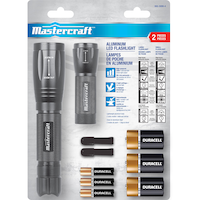 Mastercraft Aluminum LED Handheld Flashlights, 250/500 Lumens, Batteries Included, Black, 2-pk Front_Flat
