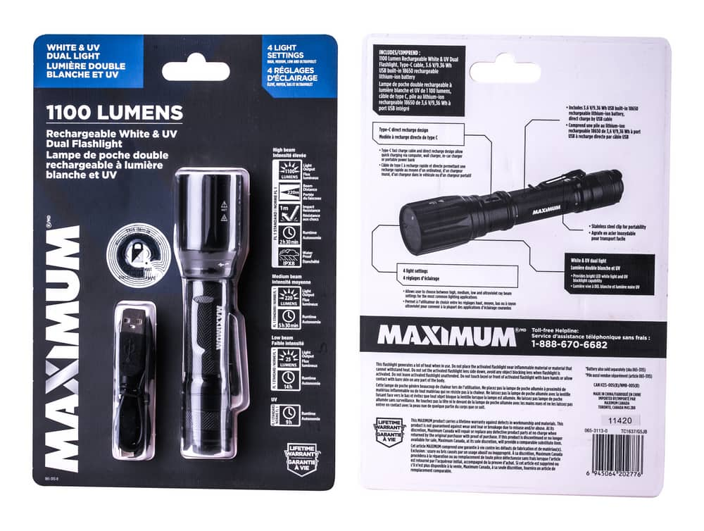 maximum 1100 lumen rechargeable uv flashlight