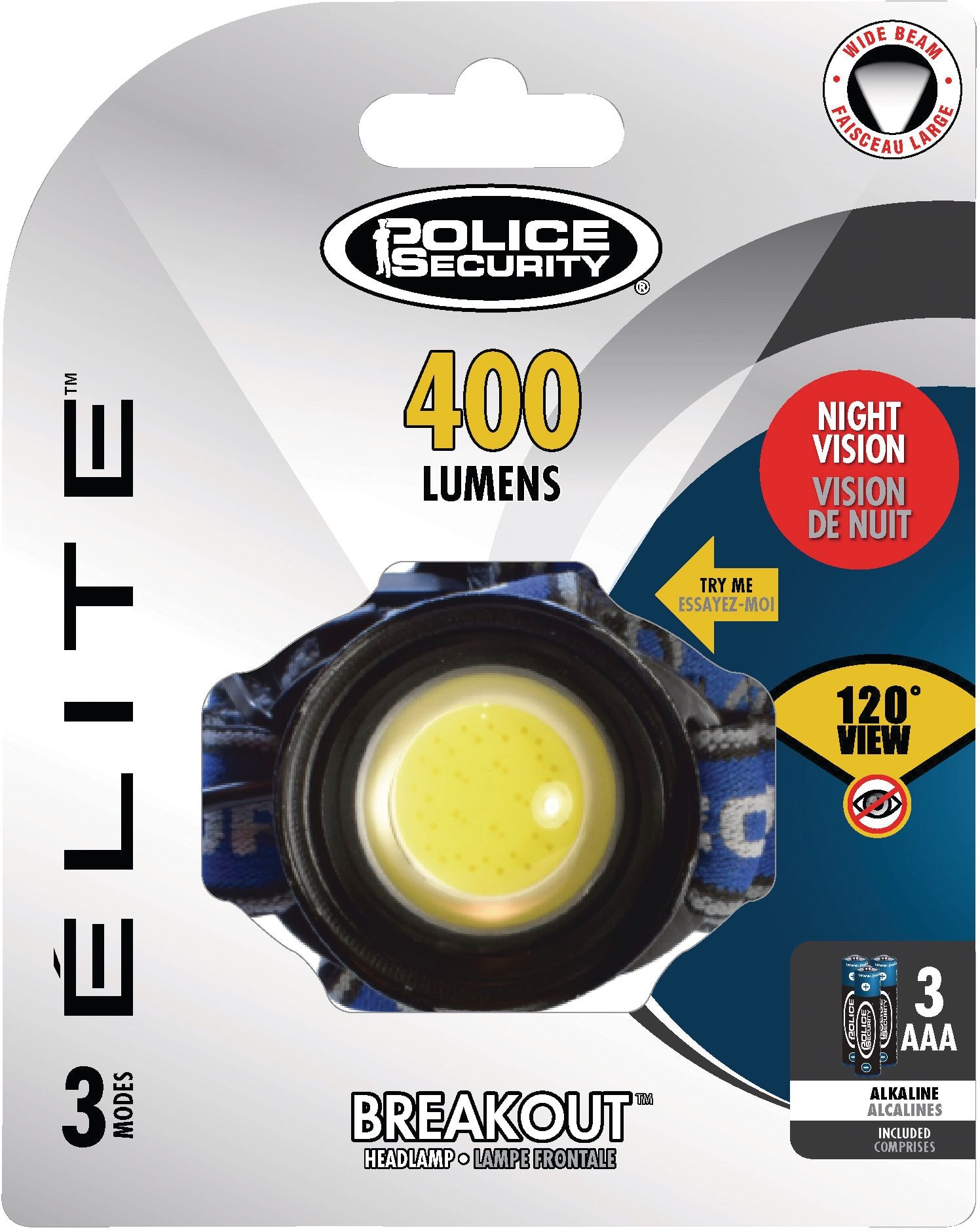 Police Security 400 Lumens Breakout Headlight/Headlamp with 4 Light Modes,  Batteries Included