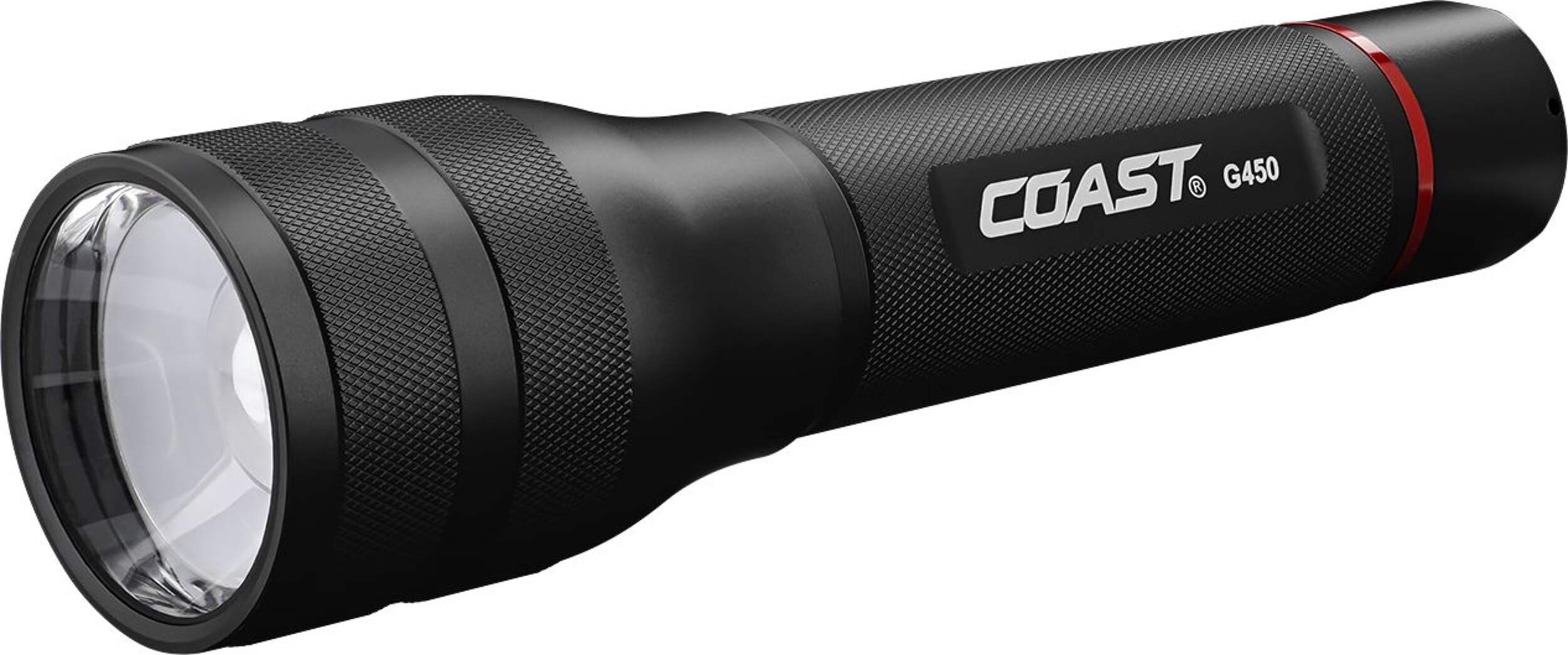 Coast G450 1400 Lumens Weatherproof Slide Focusing Handheld Flashlight, Batteries Included, 8-in (20.32 cm), Black Front_Three_Fourths_Angled_Left
