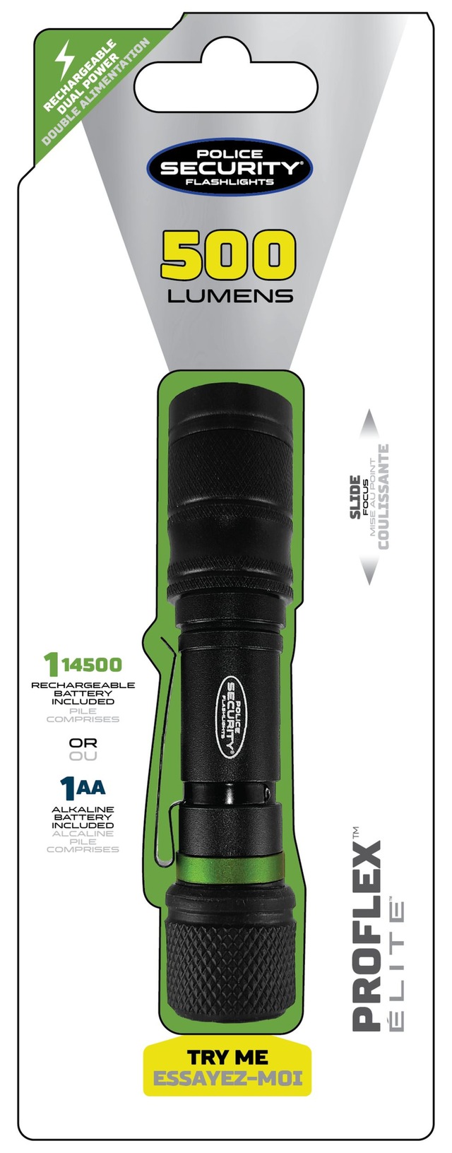 Police Security ProFlex™ Elite 500 Lumens Dual Power Slide Focusing Rechargeable Handheld