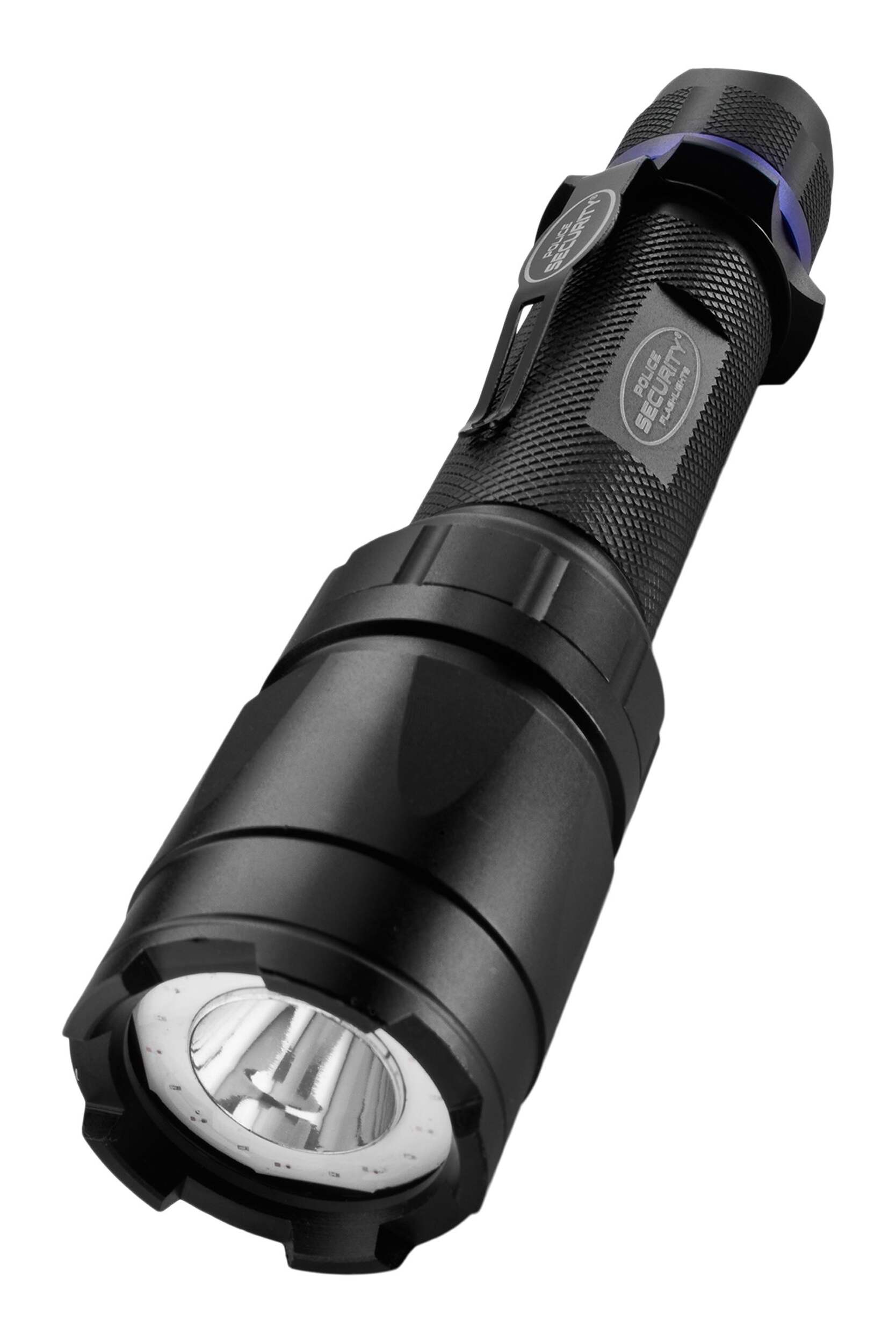 Lampe de poche à DEL en aluminium Police Security Tract Tact avec 5 modes d'éclairage, 280 lumens, piles incluses, noir Front_Angled_Left