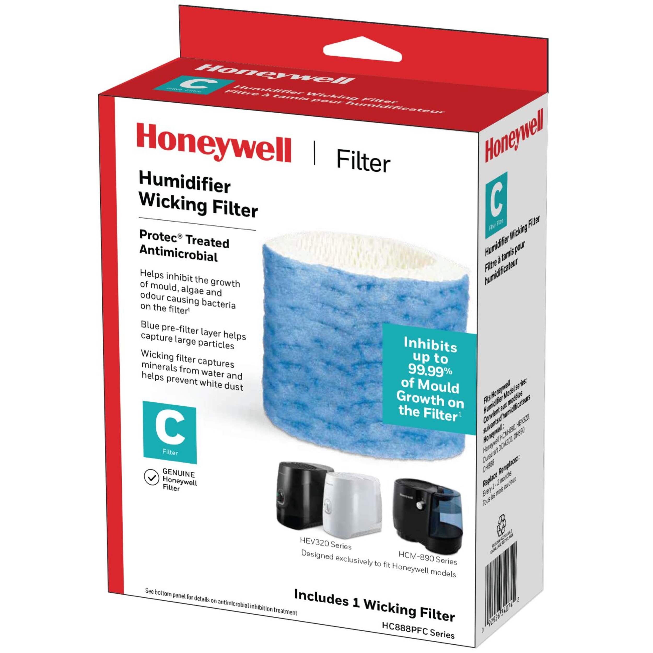 Honeywell Humidifier Filter, Certified HC888PFC Replacement, Protec® Antimicrobial Treated, Filter C Front_Angled_Left