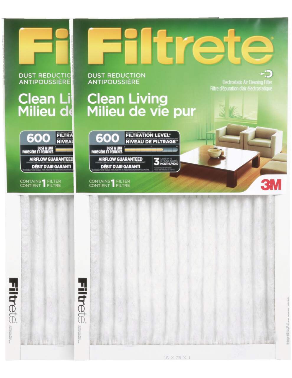 Filtres à air à fournaise pour réduction de la poussière et du pollen  Filtrete, milieu de vie pur, MPR 600, 20 x 25 x 1 po, paq. 4