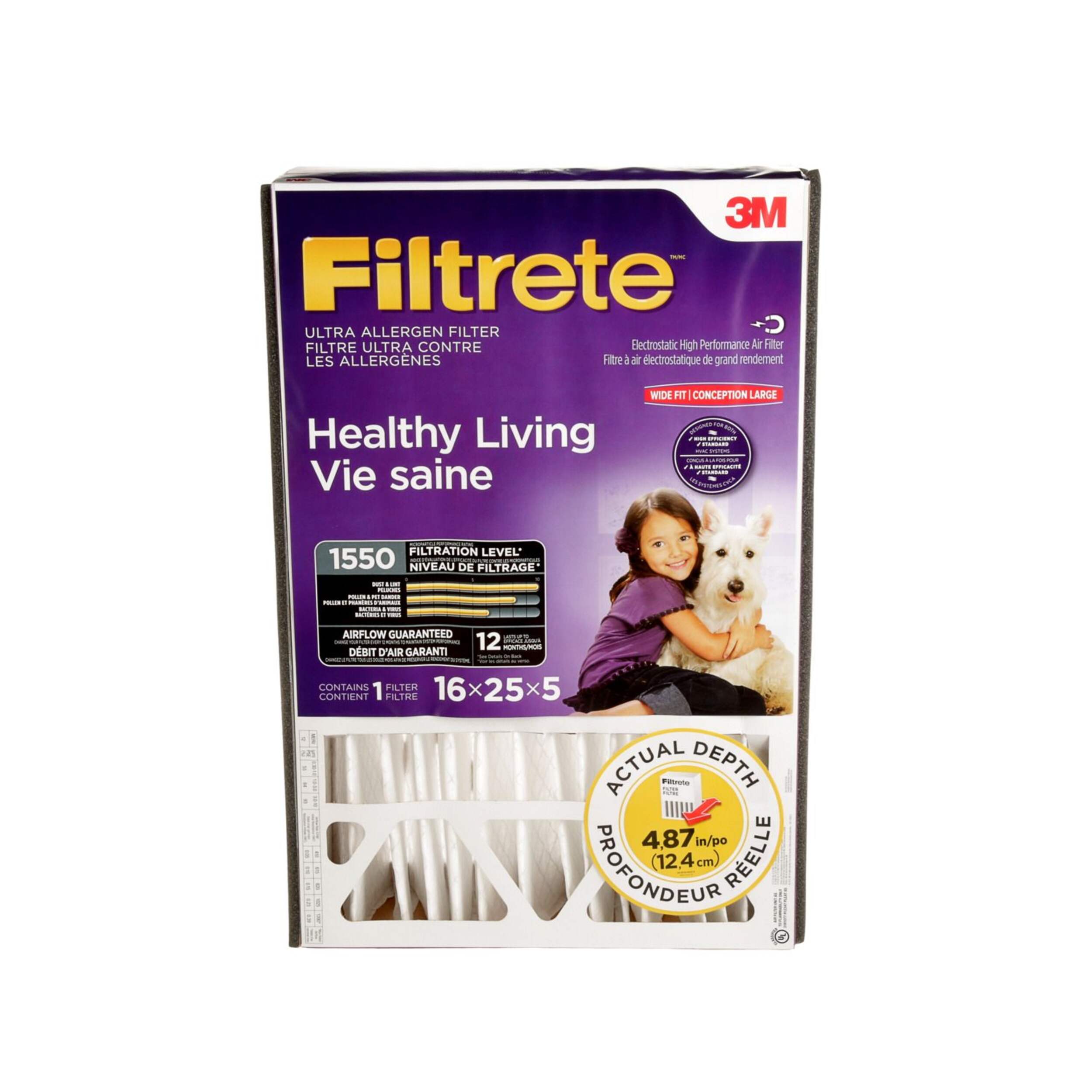 3M™ Filtrete™ Healthy Living Ultra Allergen Deep Pleat Air Filter, MPR 1550, 16 x 25 x 5-in, 1-pk Front_Elevated