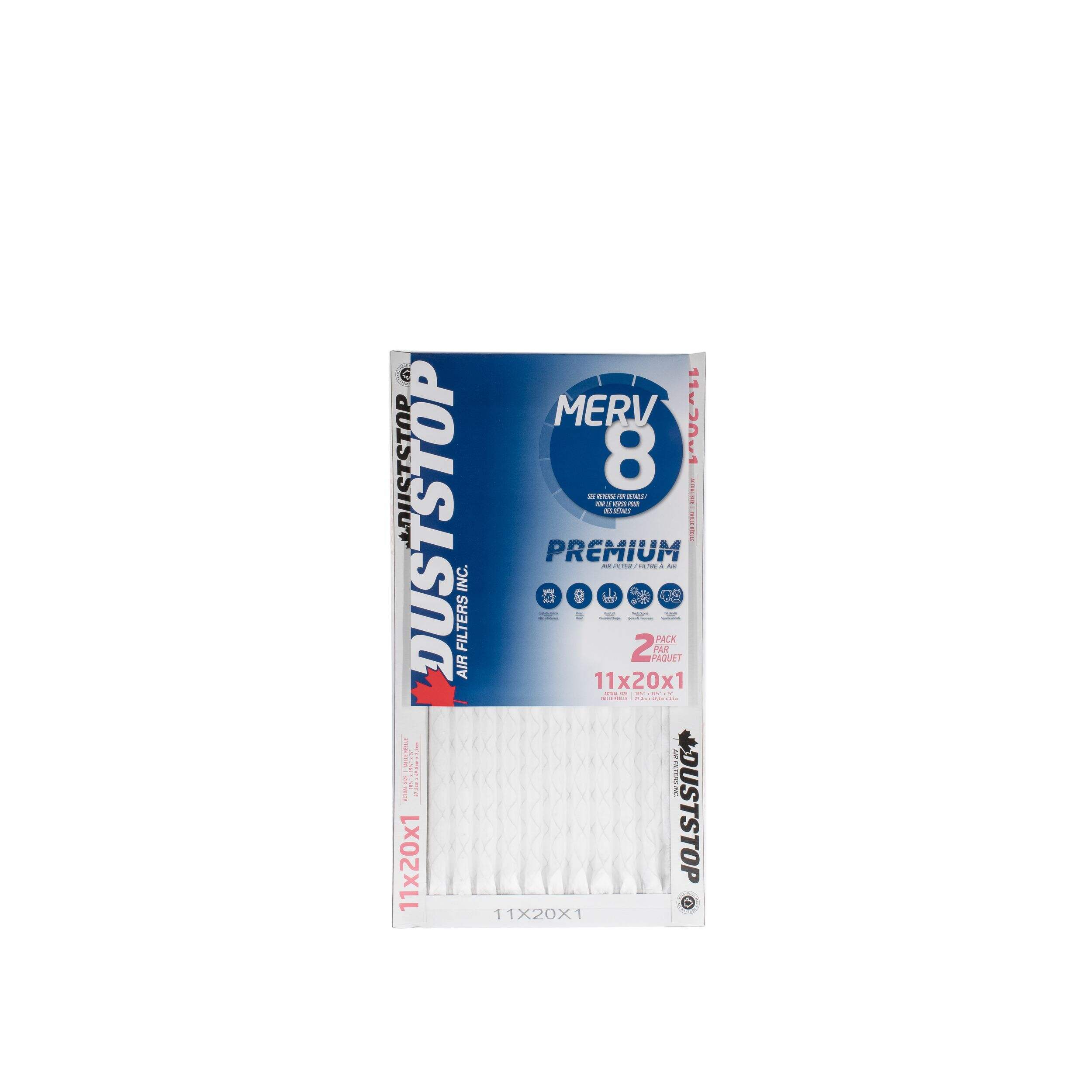 Duststop MERV 8 Premium Filter, 11-in x 20-in x 1-in, 2-pk Front_Flat