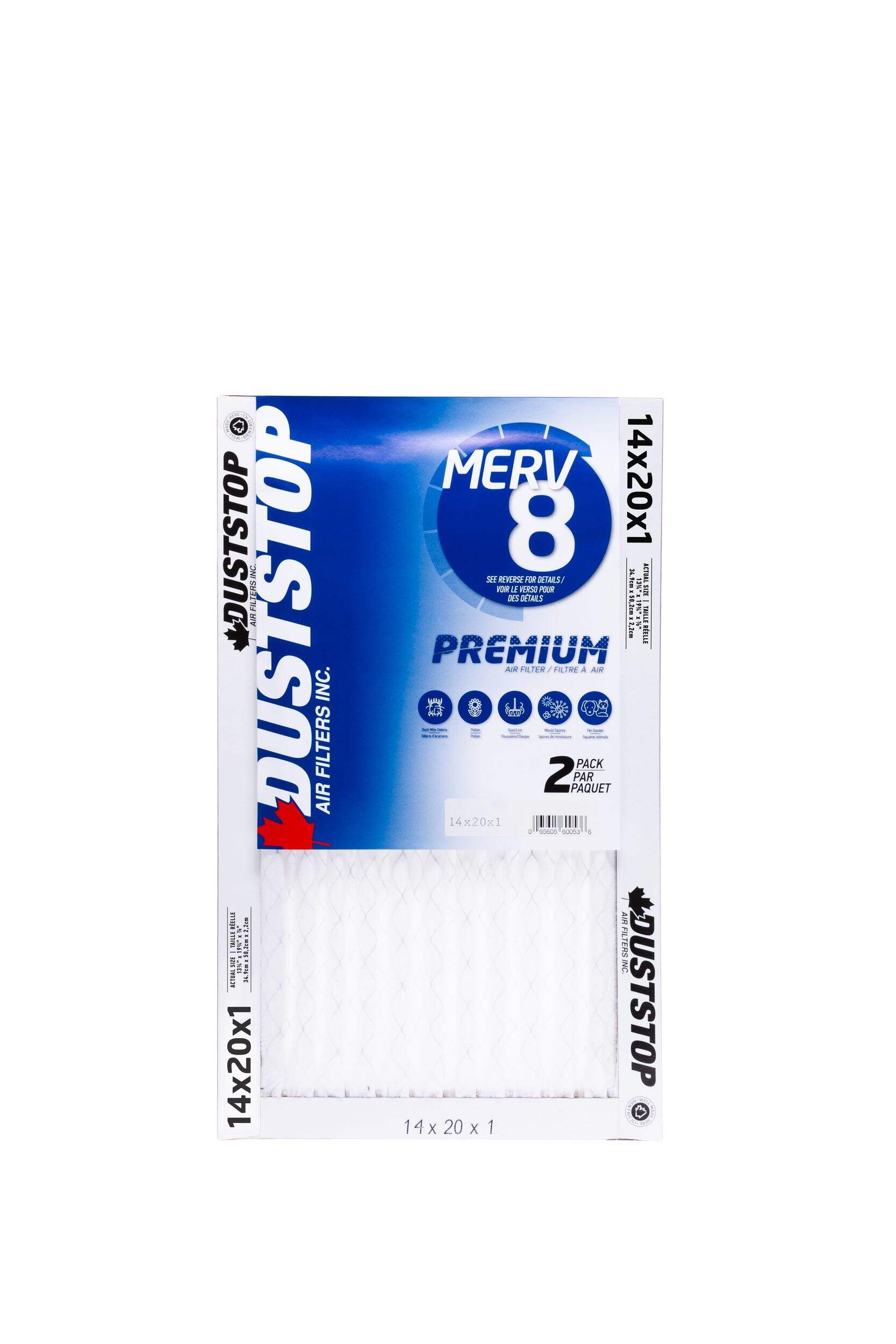 Duststop MERV 8 Premium Filter, 14-in x 20-in x 1-in, 2-pk Front_Flat