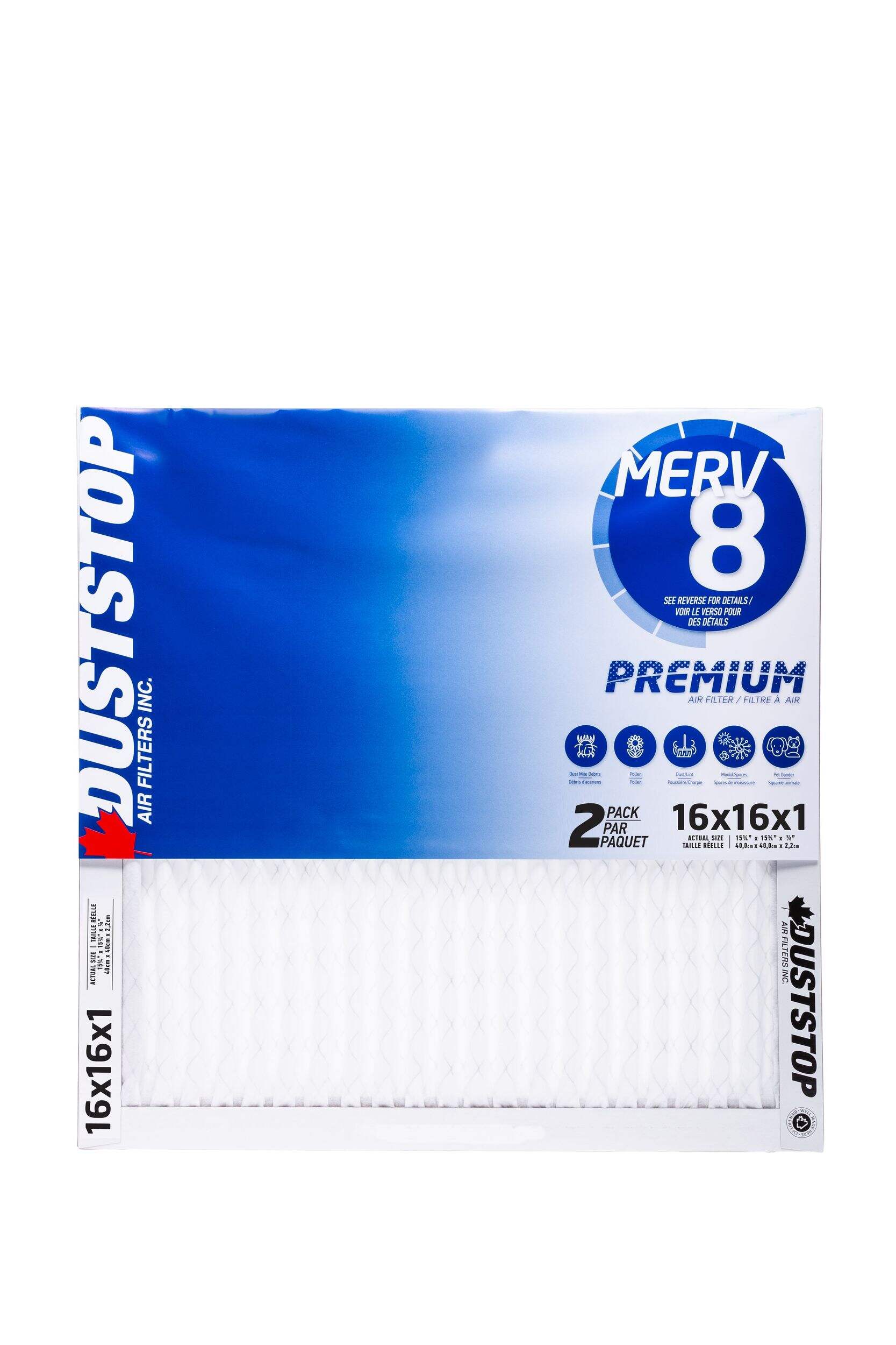 Duststop MERV 8 Premium Filter, 16-in x 16-in x 1-in, 2-pk Front_Flat