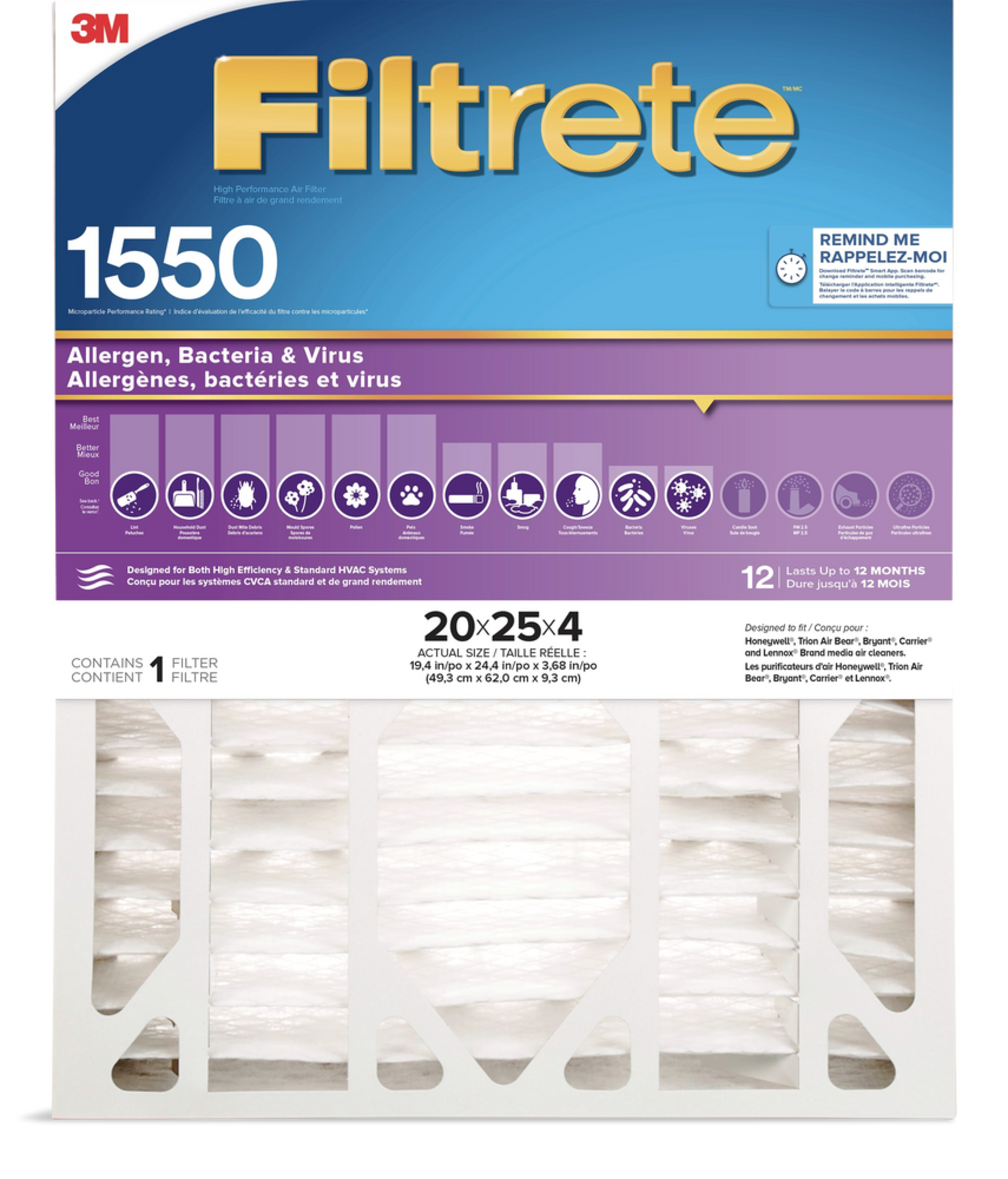 3M™ Filtrete™ Micro Allergen, Bacteria & Virus, 1550MPR Filter, 20 x 25 x 4-in Front_Flat