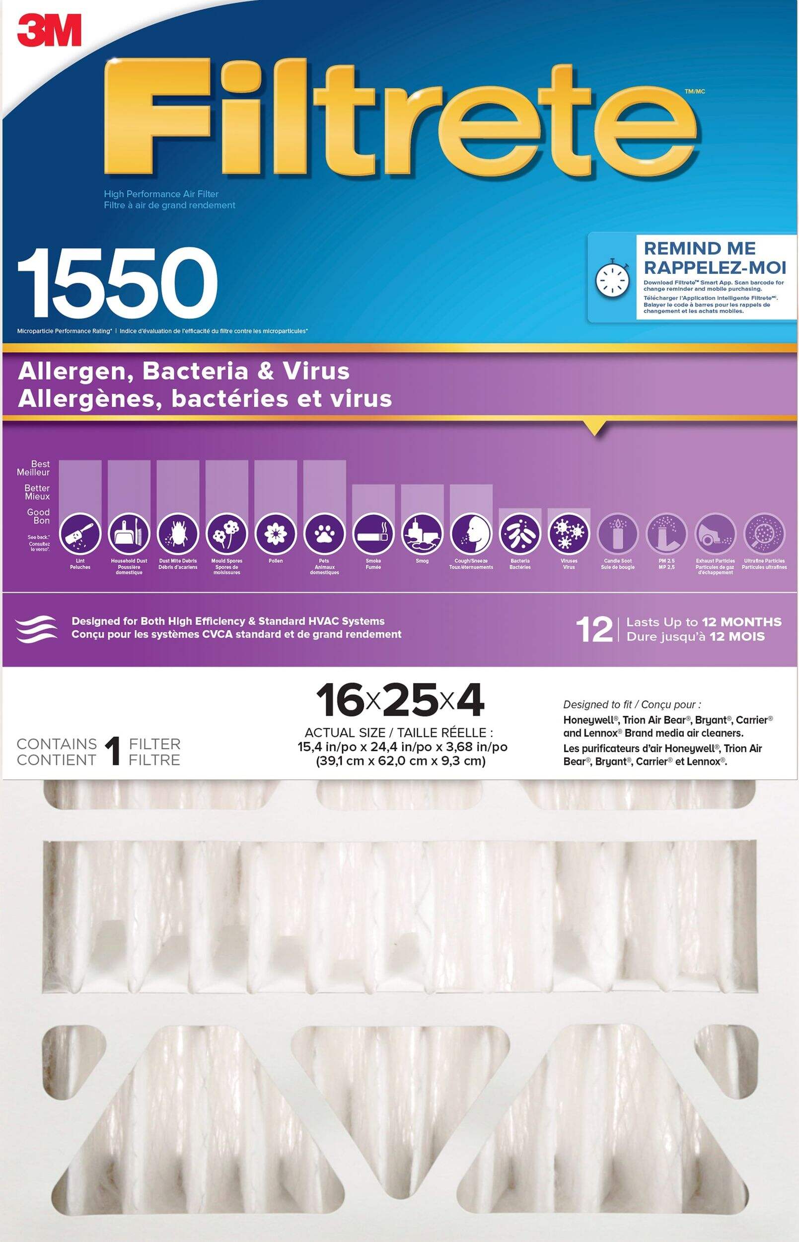 3M™ Filtrete™ Micro Allergen, Bacteria & Virus, 1550MPR Filter, 16 x 25 x 4-in Front_Flat