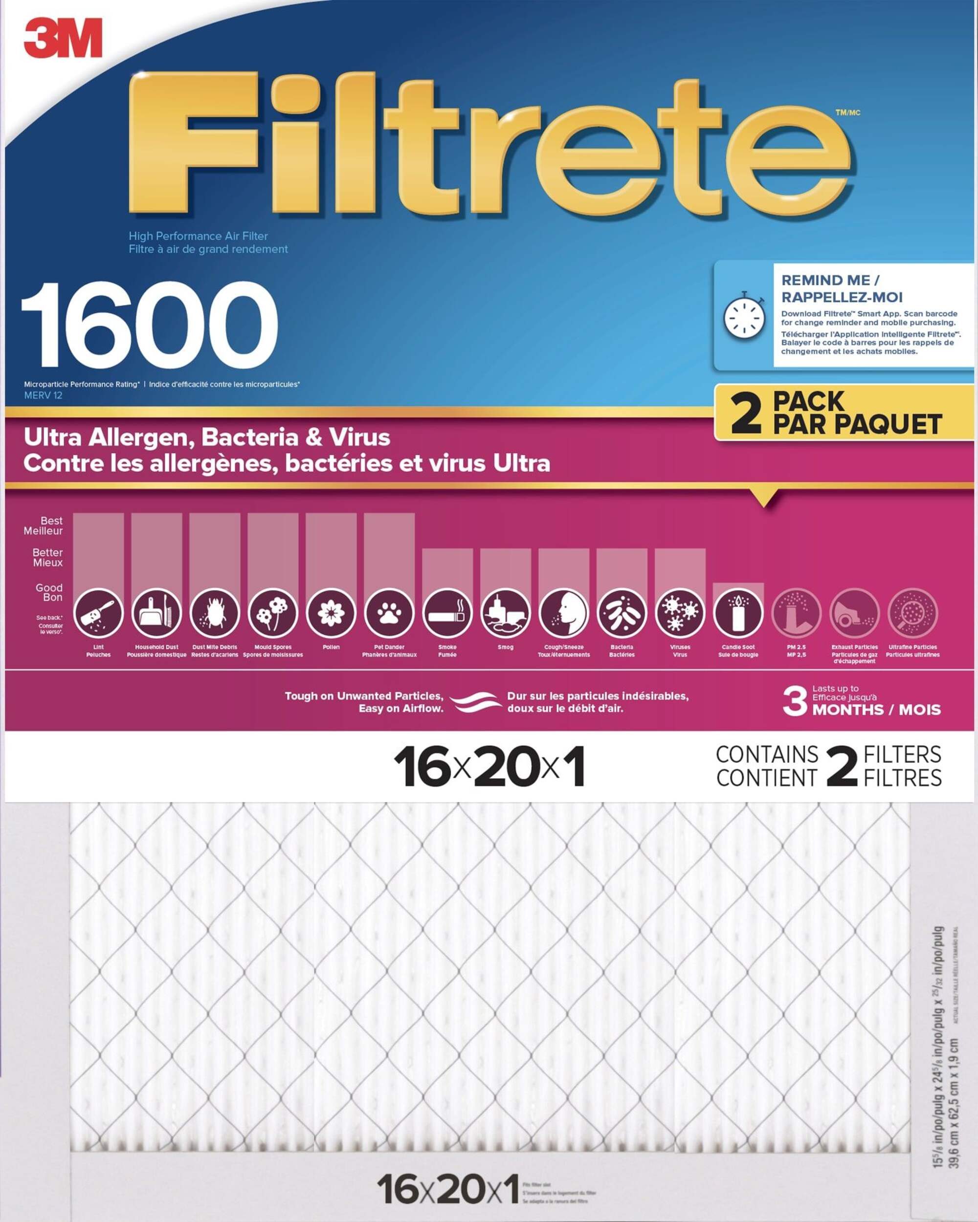 3M™ Filtrete™ Ultra Allergen, Bacteria & Virus, 1600MPR, 16 x 20 x 1-in, 2-pk Front_Flat