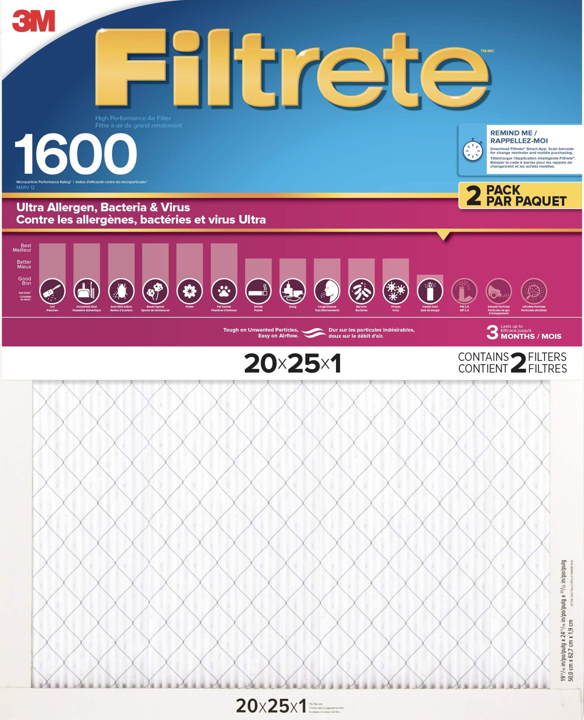 3M™ Filtrete™ Ultra Allergen, Bacteria & Virus, 1600MPR, 20 x 25 x 1-in, 2-pk Front_Flat