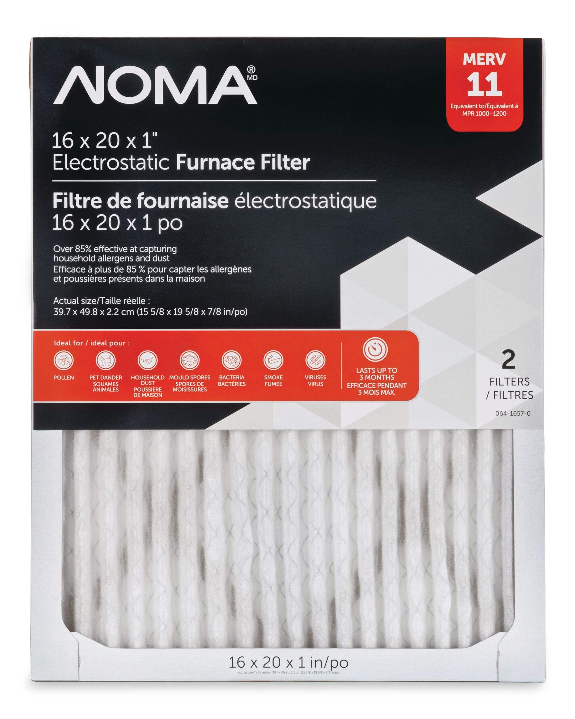 NOMA Merv 11 Furnace Filters, 2-pk, 16 x 20-in Front_Flat