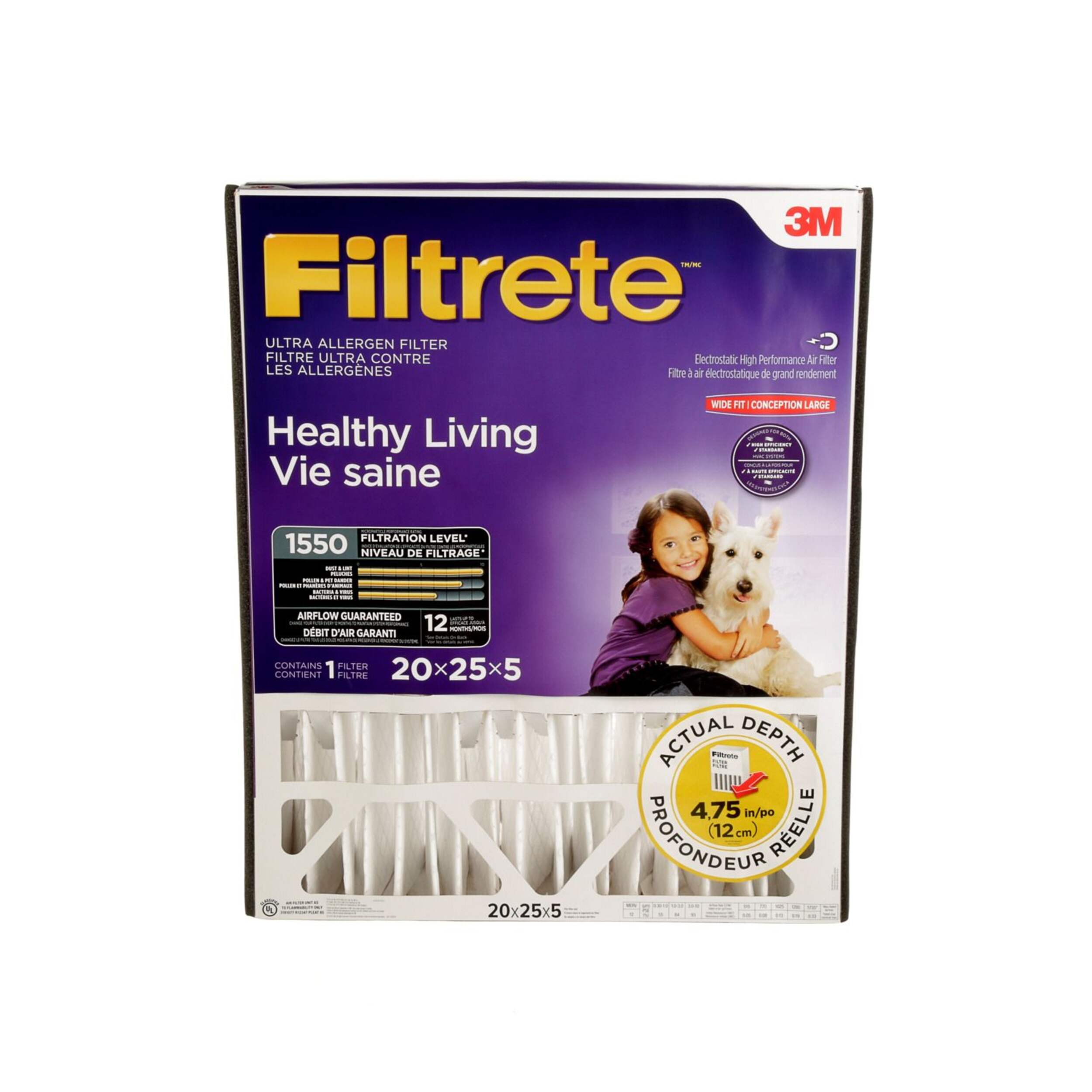 3M™ Filtrete™ Healthy Living Ultra Allergen Filter, 1550MPR, Wide Fit, 20 x 25 x 5-in Front_Elevated
