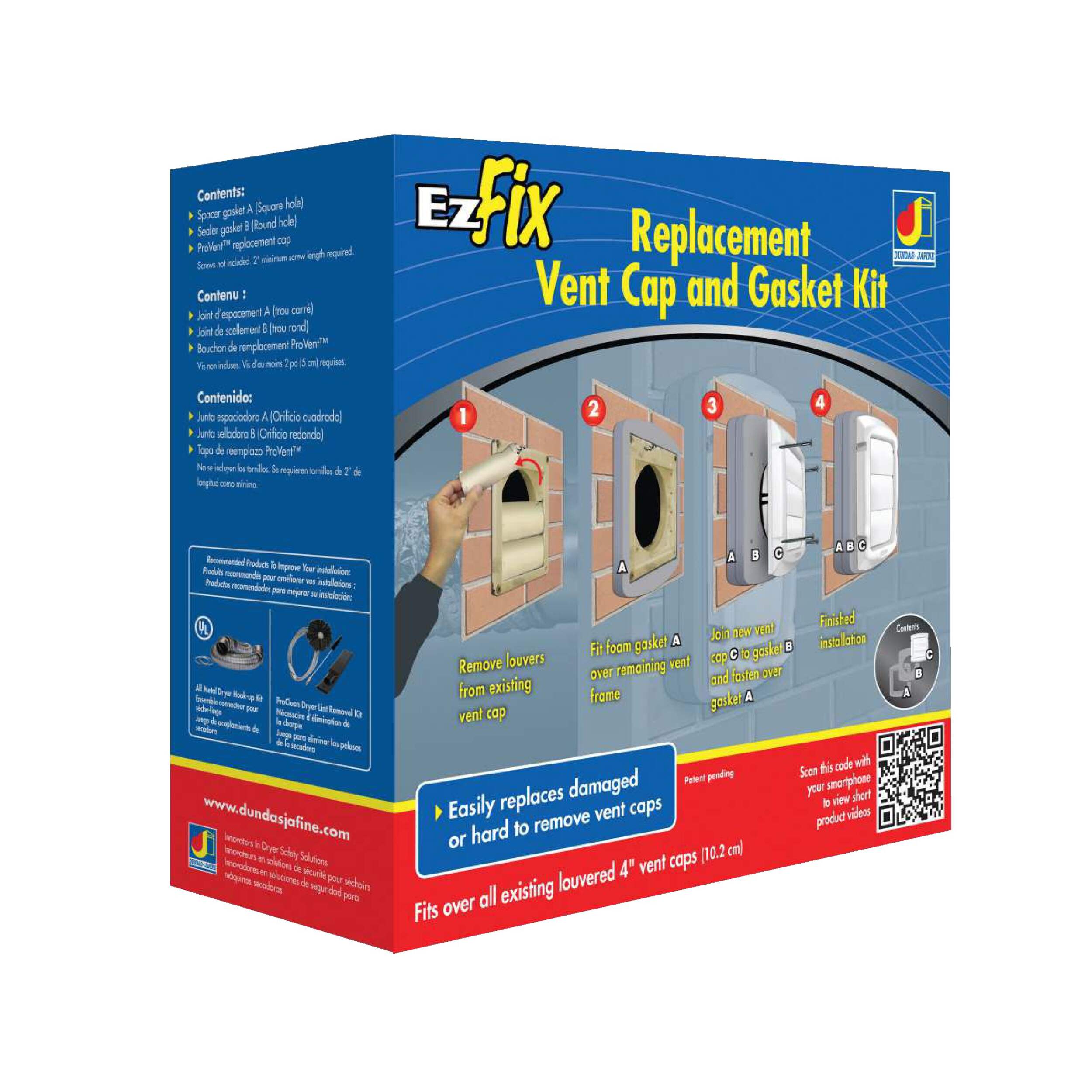 Dundas Jafine EZFXZW EzFix Replacement Vent Cap and Gasket Kit, Louvered, White, 4-in Front_Angled_Right