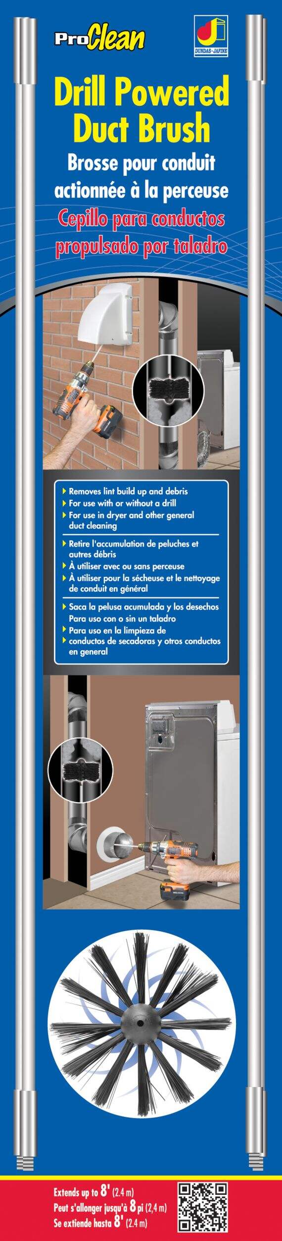 Dundas Jafine PCPBZW ProClean Flexible Drill Powered Duct Brush, 8-ft Front_Flat