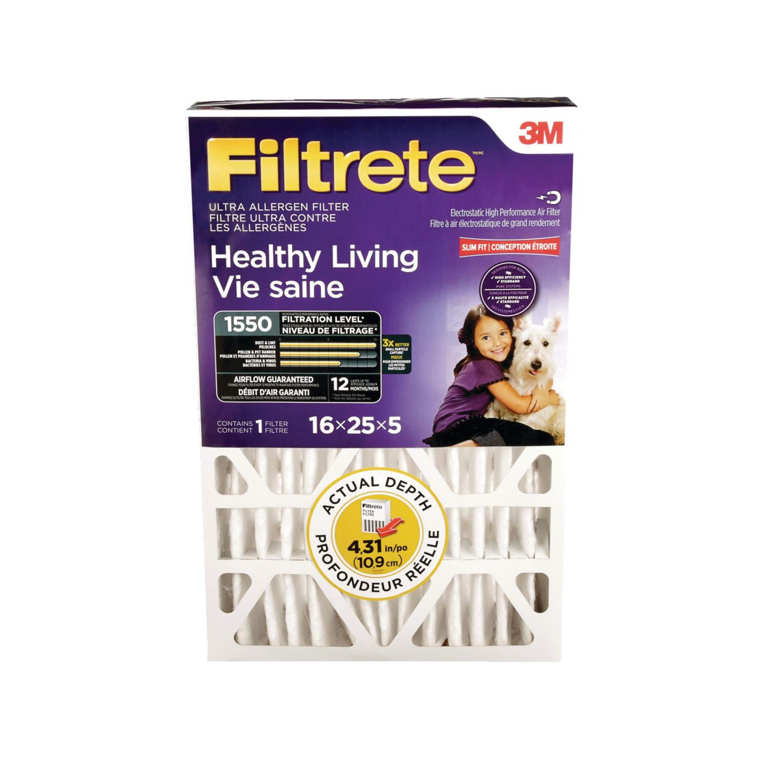 3M™ Filtrete™ Healthy Living Ultra Allergen Air Filter, 1550MPR, 16 x 25 x 5-in, 1-pk Front_Elevated