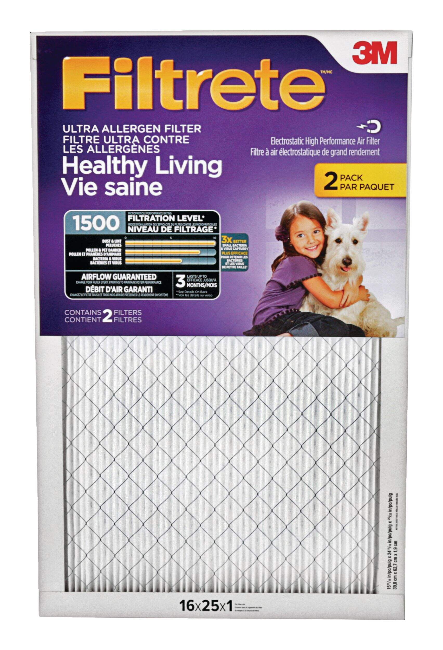 3M™ Filtrete™ Healthy Living Ultra Allergen Air Filters, MPR 1500, 16 x 25 x 1-in, 2-pk Front_Flat