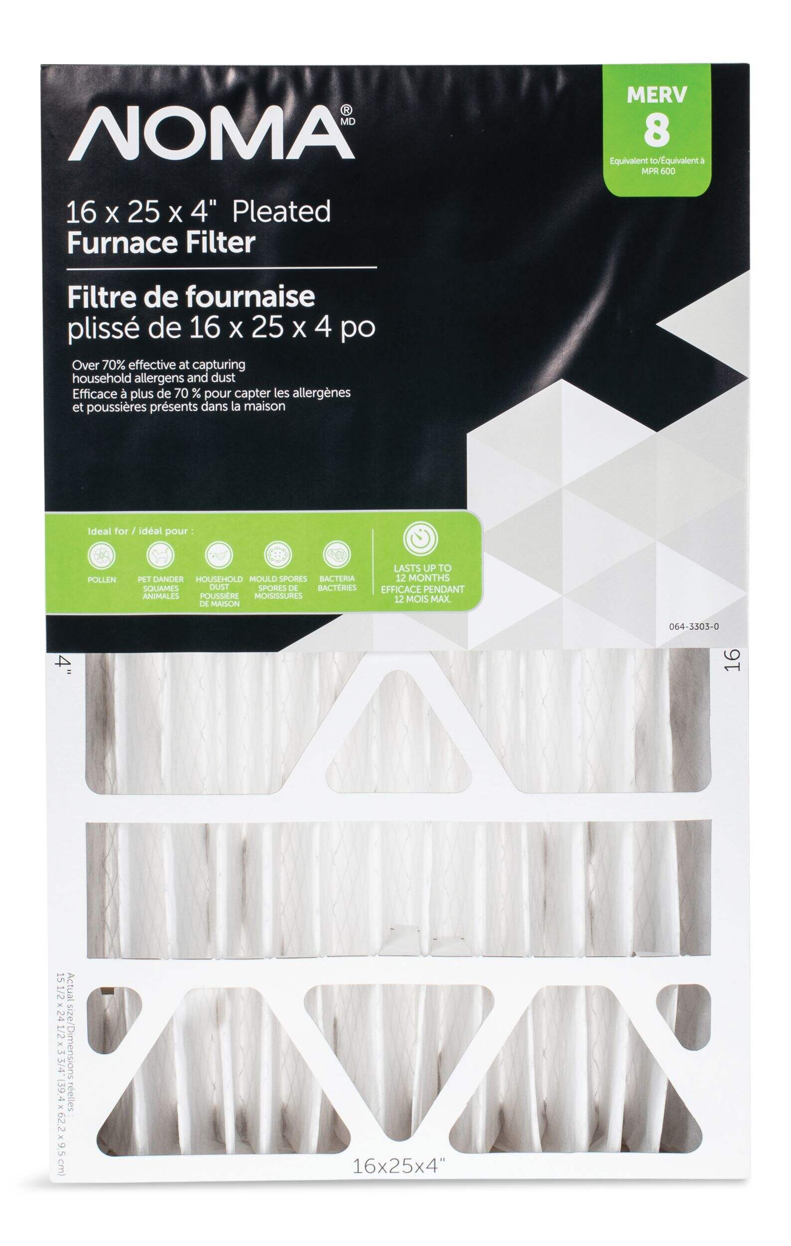 NOMA Electrostatic Pleated Furnace Air Filter, MERV 8, 16 x 25 x 4-in, 1-pk Front_Flat