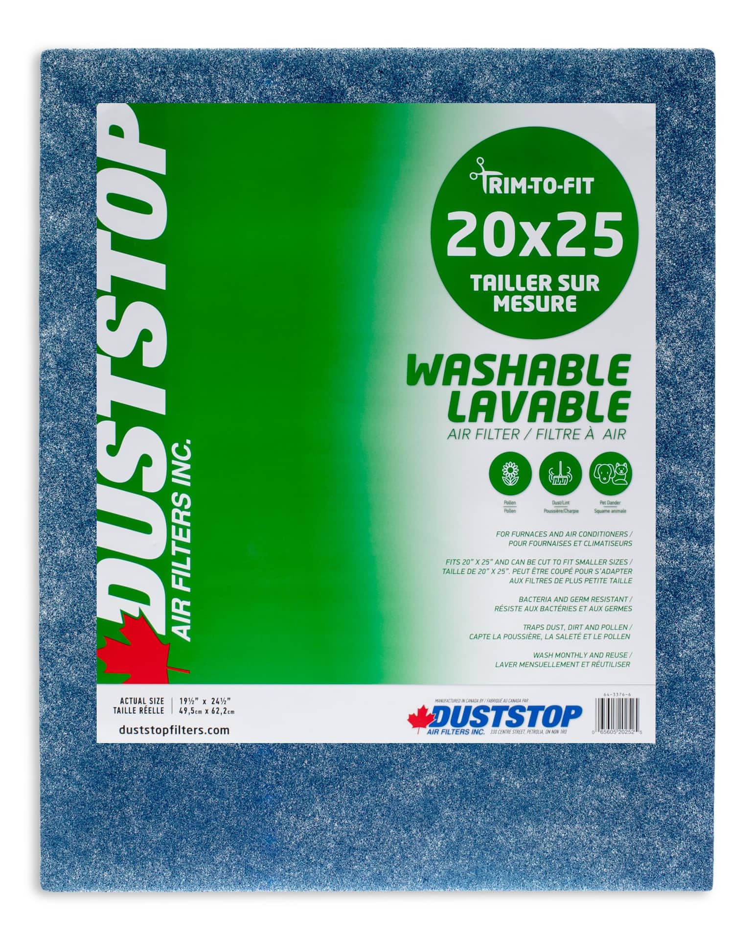 Filtre à air à fournaise lavable à tailler Duststop, 20 x 25 x 3/4 po, paq.  1