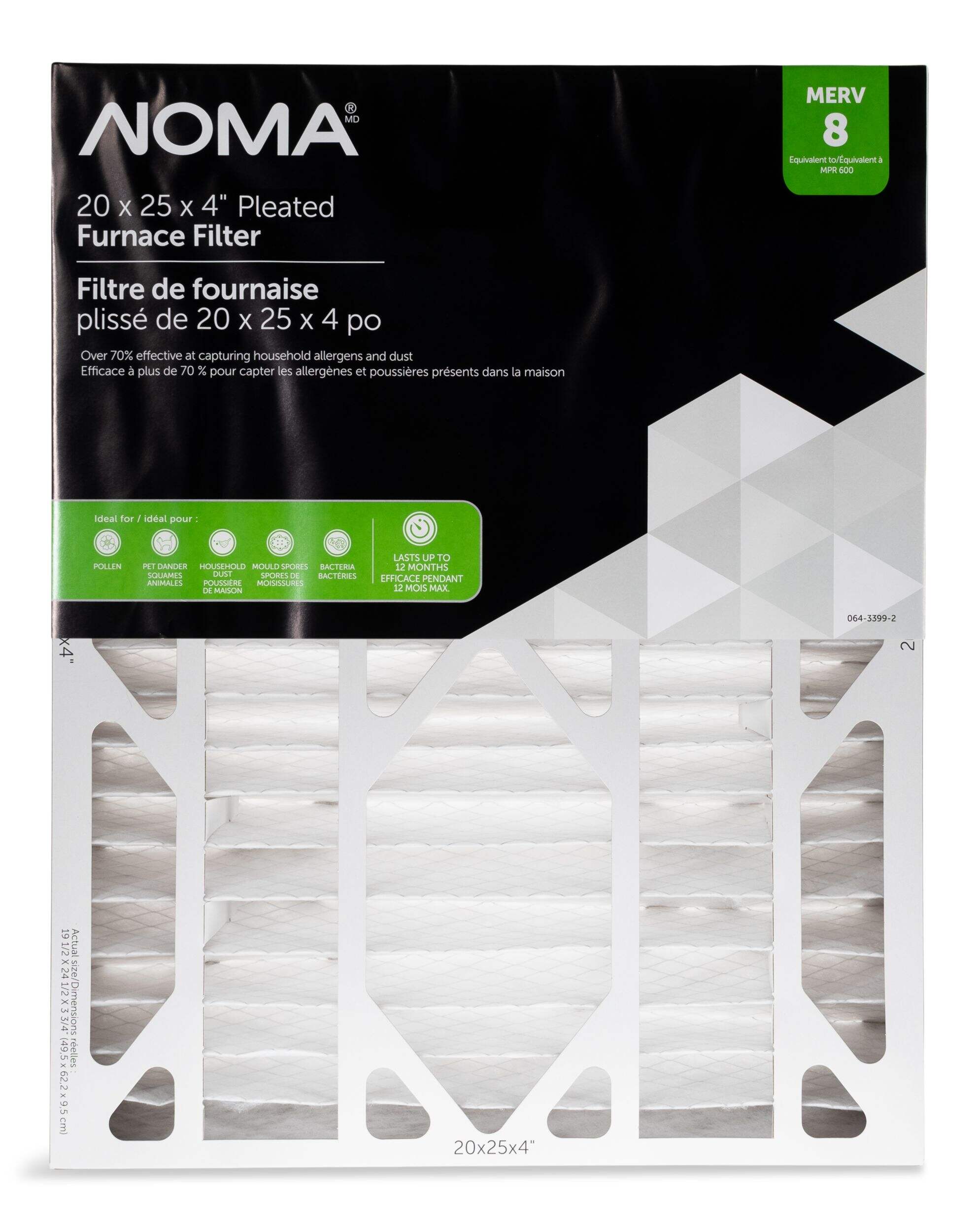 NOMA Electrostatic Pleated Furnace Air Filter, MERV 8, 20 x 25 x 4-in, 1-pk Front_Flat