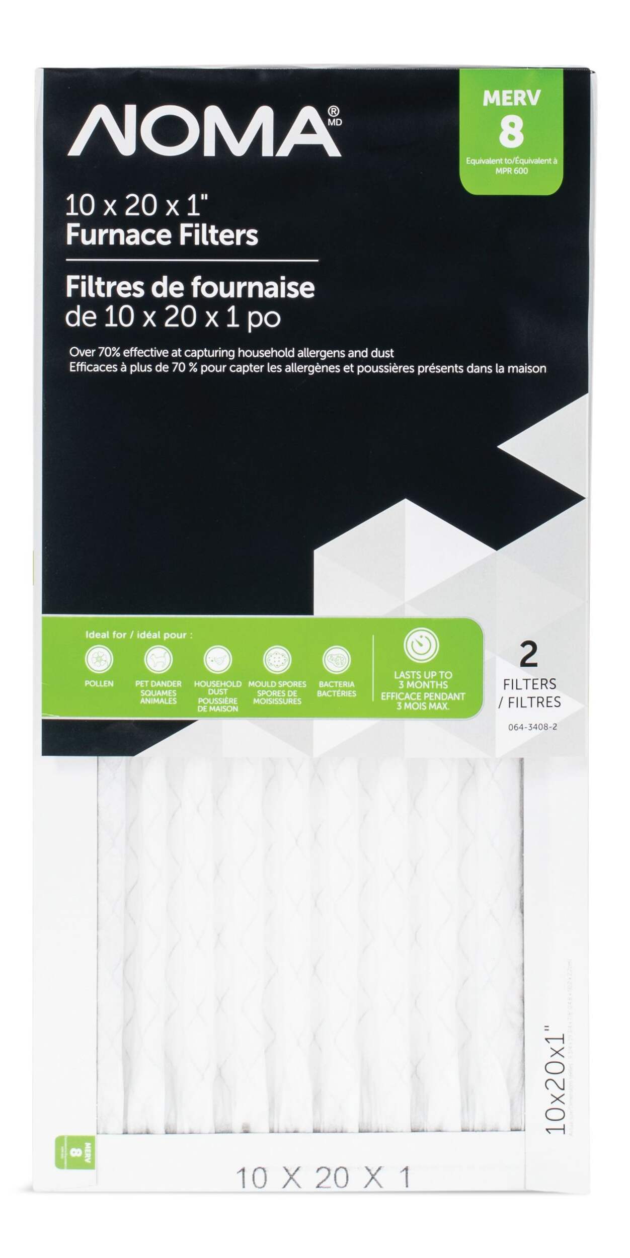 NOMA MERV 8 Filter, Furnace Air Filters, 10 x 20 x 1-in, 2-pk Front_Flat