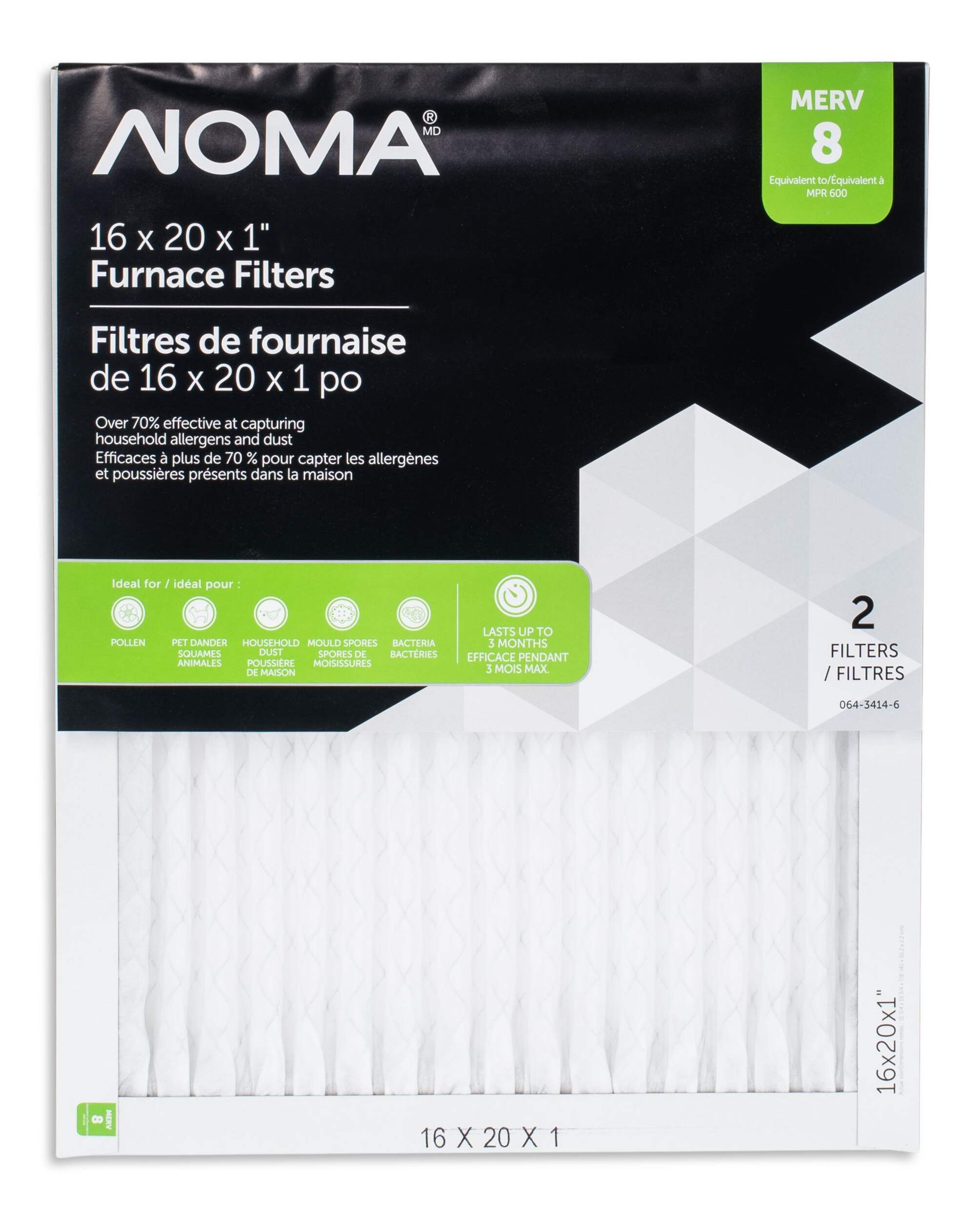 NOMA Electrostatic Furnace Air Filters, MERV 8, 16 x 20 x 1-in, 2-pk Front_Flat