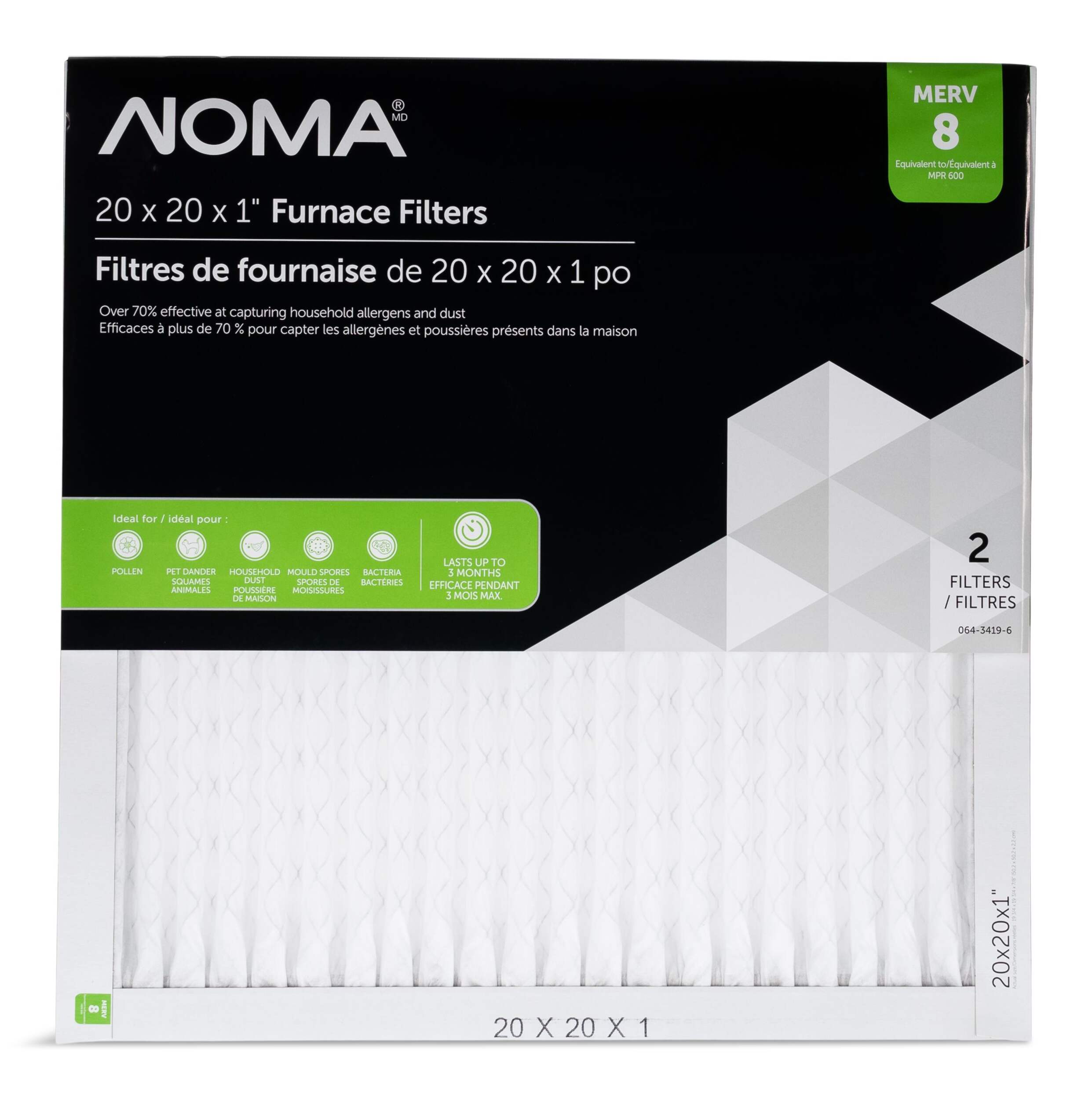 NOMA Electrostatic Furnace Air Filters, MERV 8, 20 x 20 x 1-in, 2-pk Front_Flat