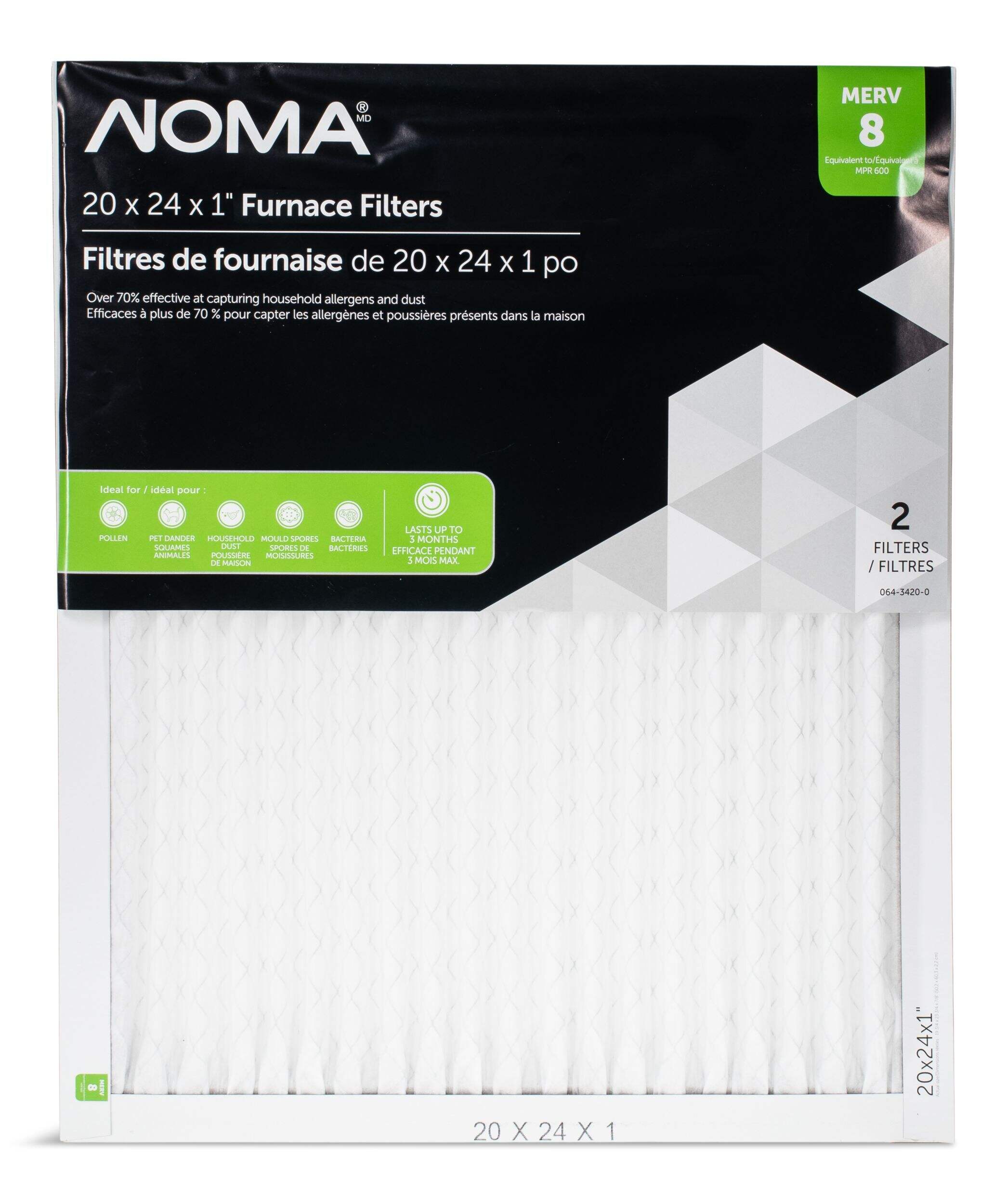 NOMA MERV 8 Furnace Air Filters, 20 x 24 x 1-in, 2-pk Front_Flat