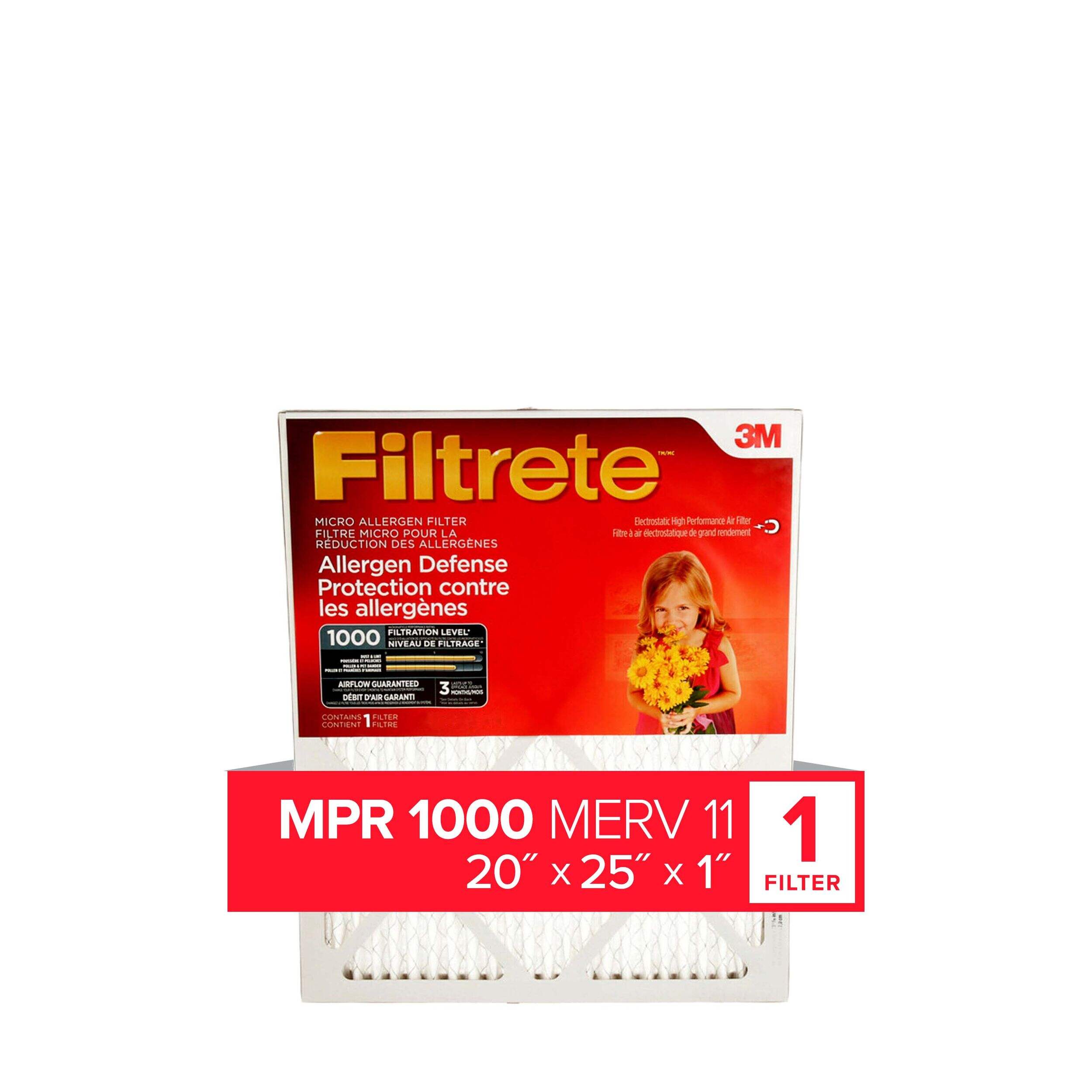 3M™ Filtrete™ Allergen Defense Micro Allergen Filter, MPR 1000, 20 x 25 x 1-in, 1-pk Front_Flat