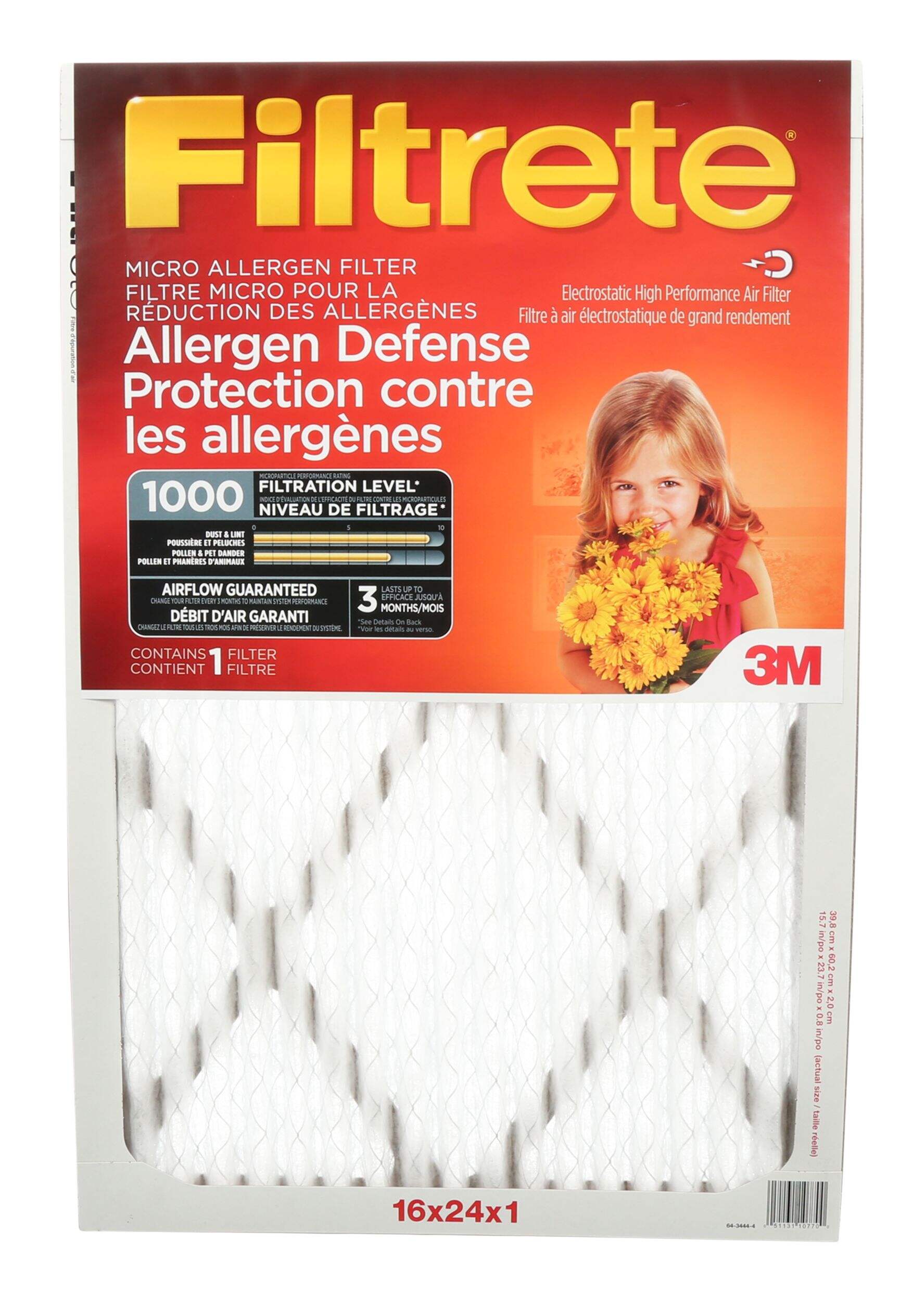 3M™ Filtrete™ Allergen Defense Micro Allergen Filter, MPR 1000, 16 x 24 x 1-in, 1-pk Front_Flat