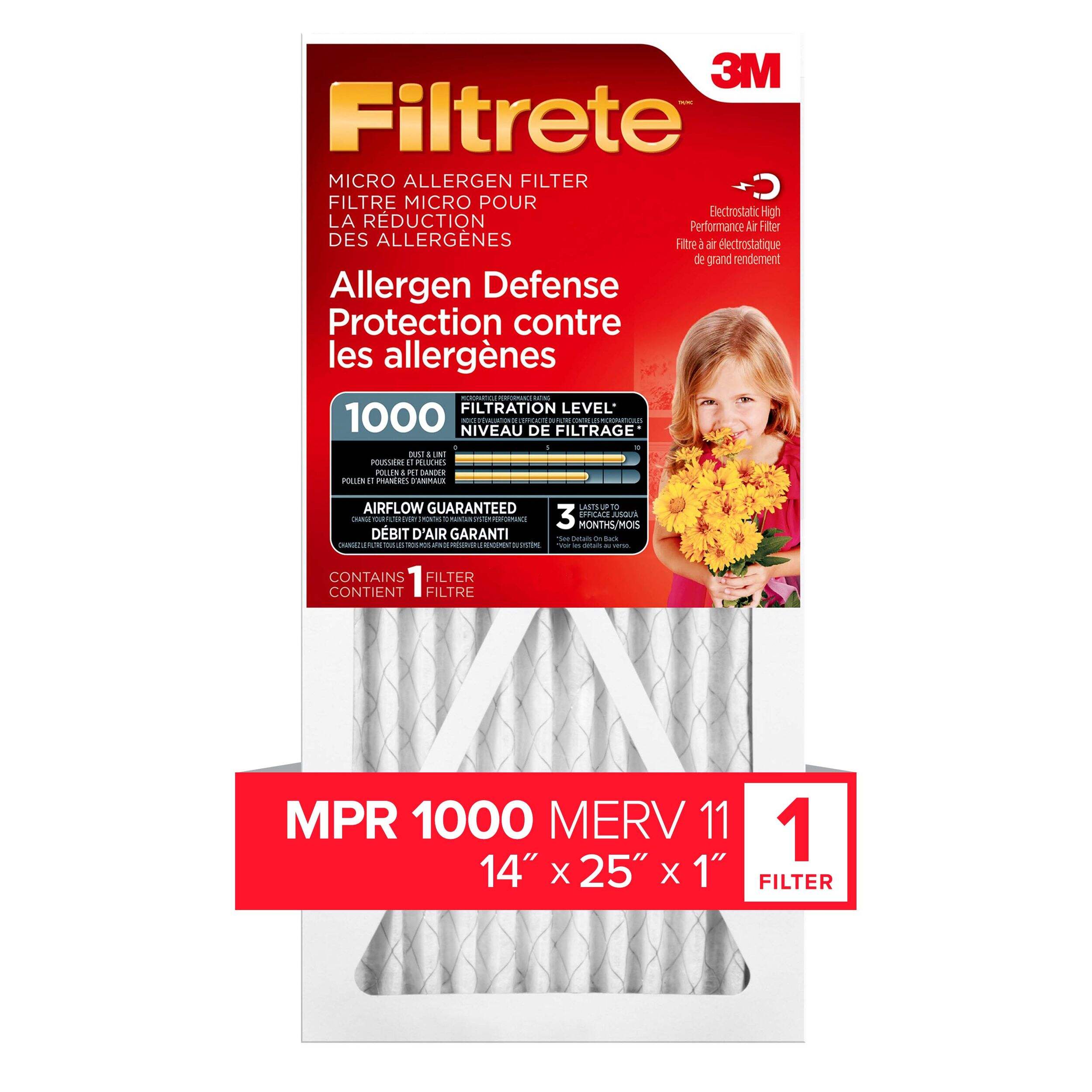3M™ Filtrete™ Allergen Defense Micro Allergen Filter, MPR 1000, 14 x 25 x 1-in, 1-pk Front_Flat