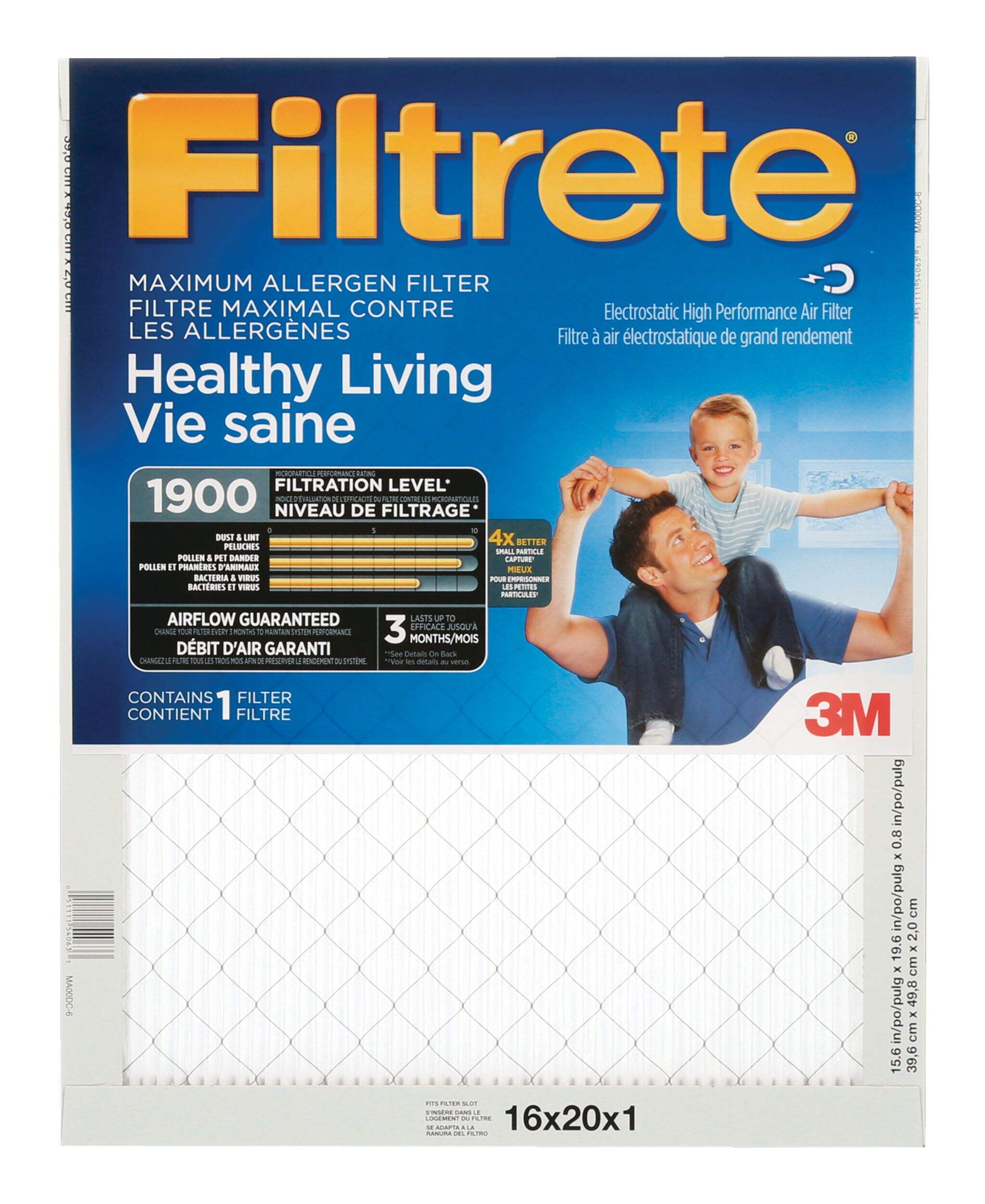 3M™ Filtrete™ Healthy Living Maximum Allergen Air Filter, MPR 1900, 16 x 20 x 1-in, 1-pk Front_Flat