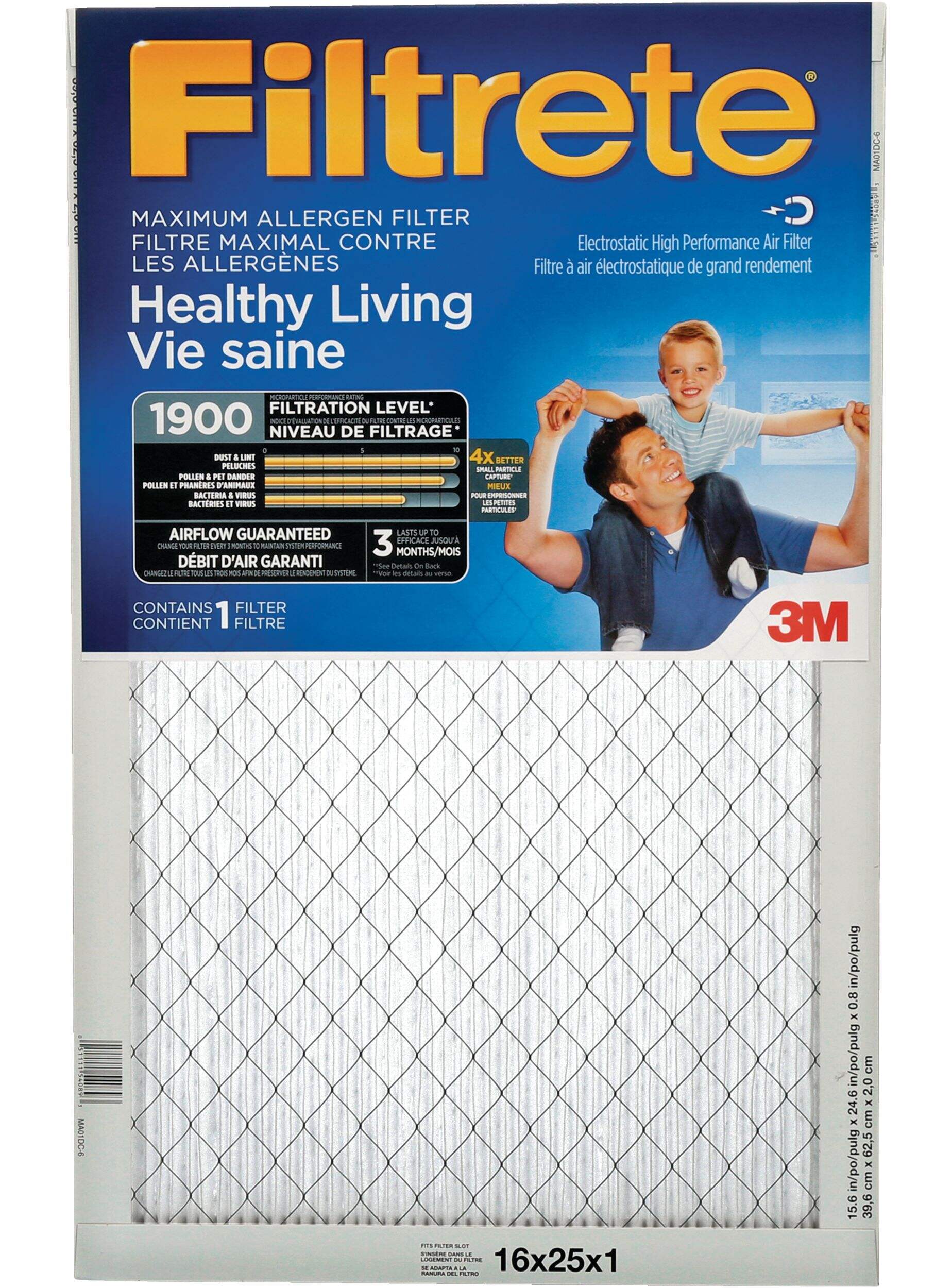3M™ Filtrete™ Healthy Living Maximum Allergen Air Filter, MPR 1900, 16 x 25 x 1-in, 1-pk Front_Flat