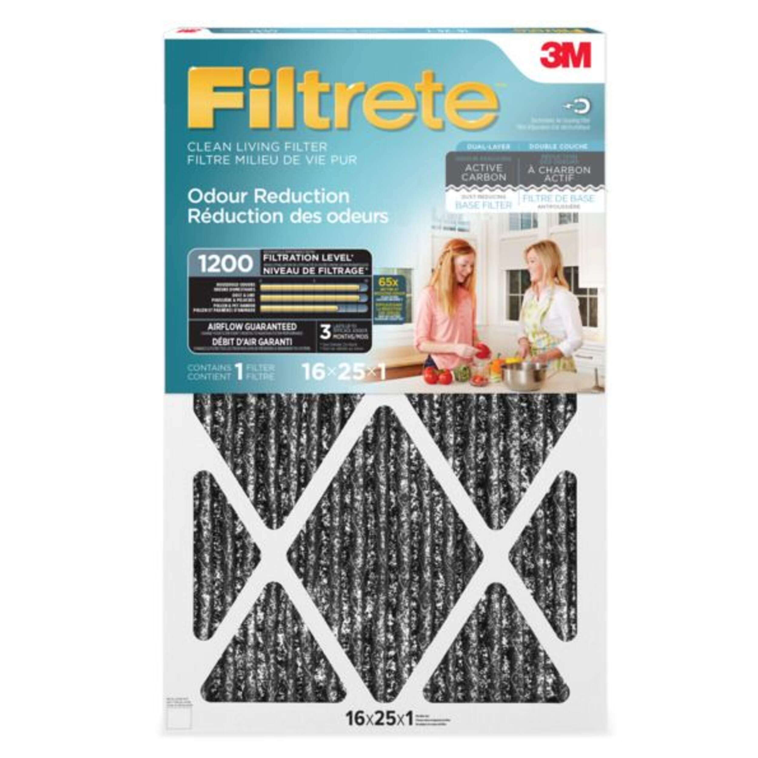 3M™ Filtrete™ Clean Living Odour Reduction Air Filter, MPR 1200, 16 x 25 x 1-in, 1-pk Front_Flat