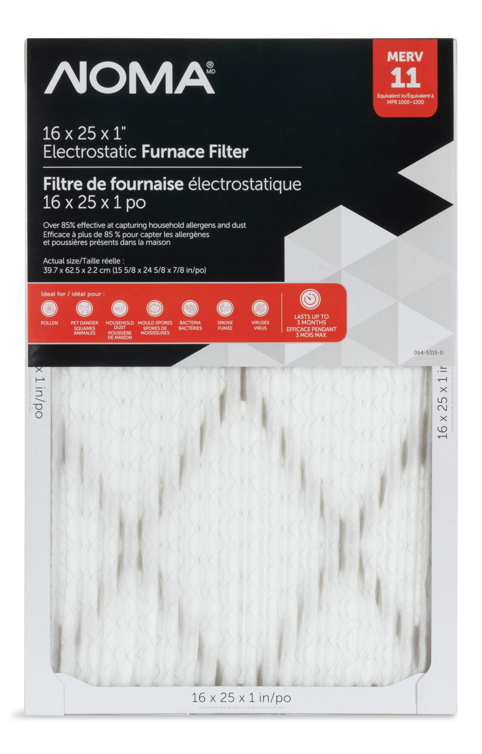 NOMA MERV 11 Electrostatic Furnace Air Filter, 16 x 25 x 1-in, 1-pk Front_Flat