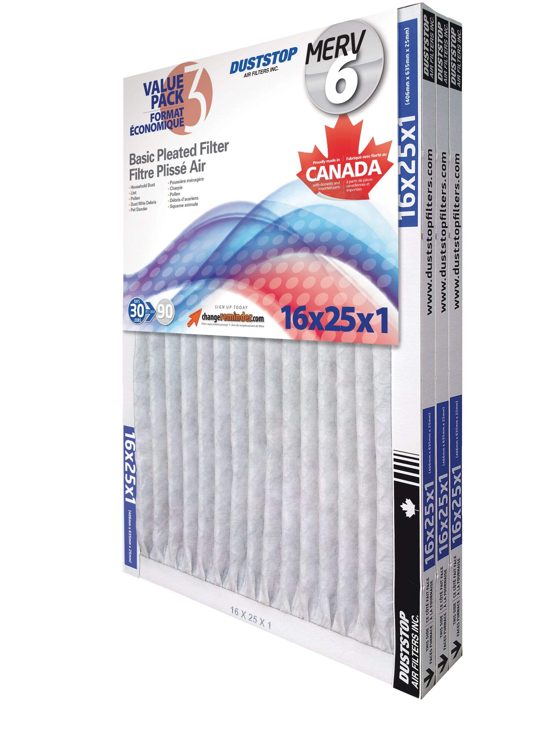 Duststop MERV 6 Basic Pleated Air Filters, 16 x 25 x 1in, 3pk