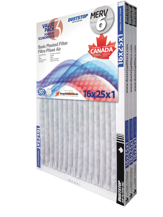 Duststop MERV 6 Basic Pleated Air Filters, 16 x 25 x 1in, 3pk