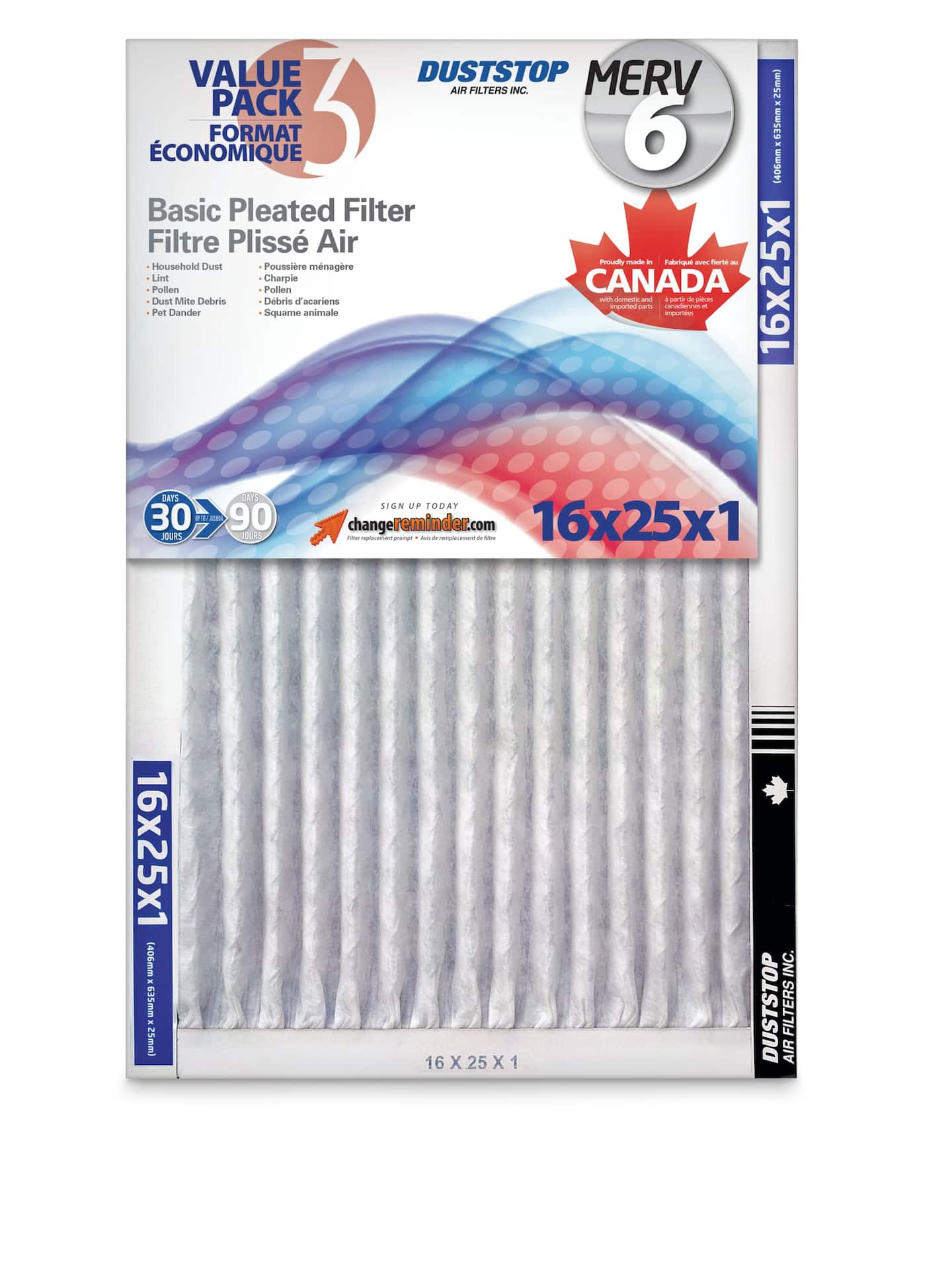 Duststop MERV 6 Basic Pleated Air Filters, 16 x 25 x 1-in, 3-pk